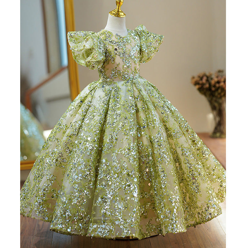 Sage Green Sequin Flower Girl Dress with V-Neck & Puff Sleeves - Perfect for Weddings, Pageants & Special Occasions