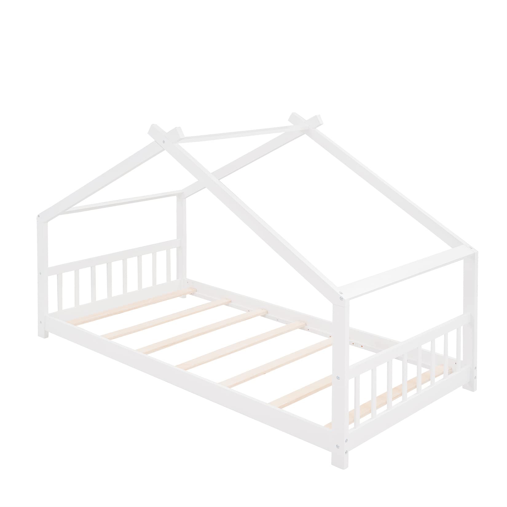 Montessori Twin House Bed Frame for Kids - Wooden Floor Tent Bed with Headboard & Footboard - Ideal for Boys, Girls & Teens - Perfect for Bedrooms, Playrooms & Montessori Learning Spaces (White)