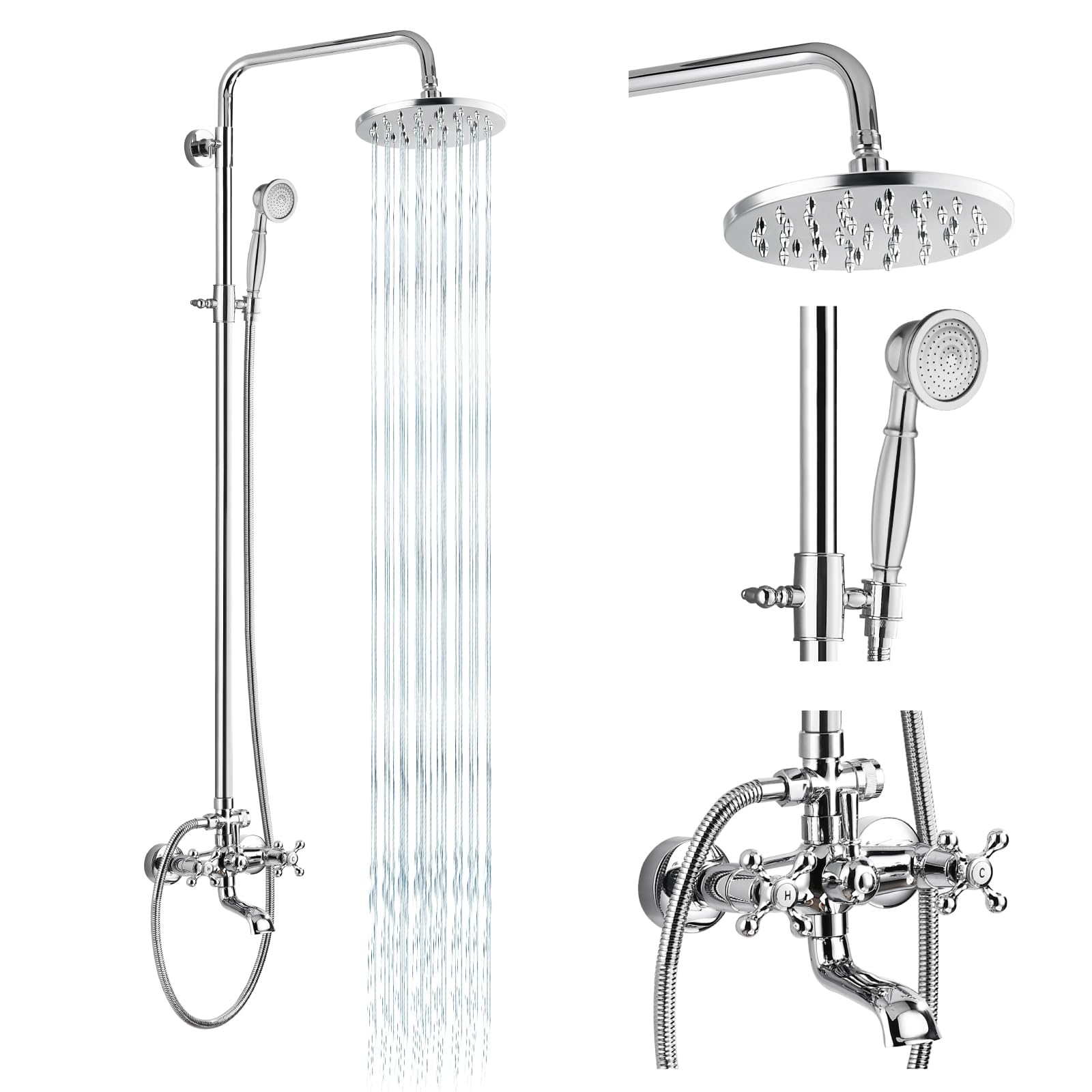Gotonovo 8 Inch Exposed Shower Faucet Set - 3-Function Rainfall Showerhead with Tub Spout & Cross Handles - Polish Chrome Shower System for Bathroom Remodel & Luxury Spa Experience