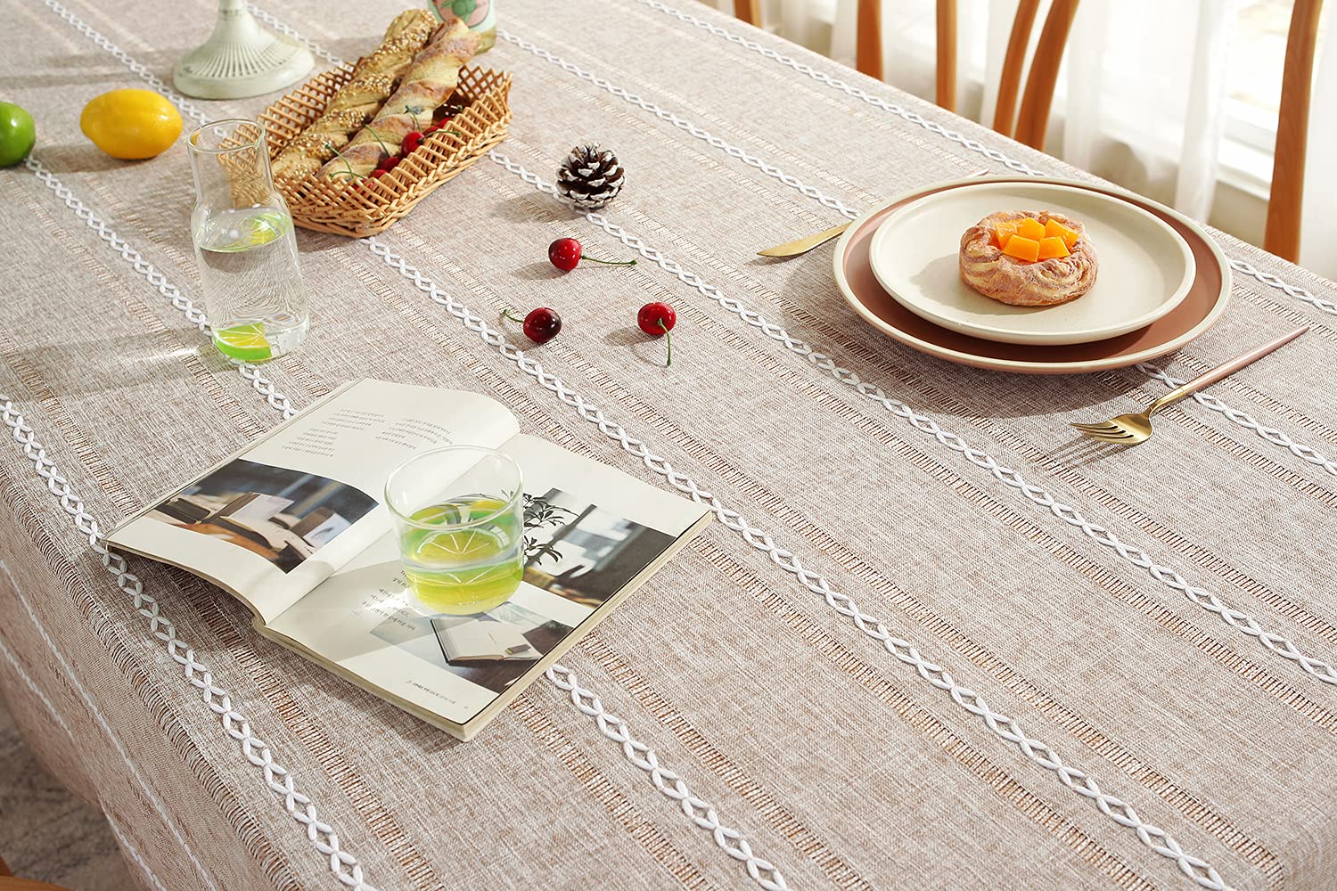 Farmhouse Style Linen Tablecloth 60x84 Inches - Wrinkle Resistant, Washable Rectangle Dining Table Cover in Light Coffee with Hemstitch Detail | Perfect for Rustic Weddings, Holiday Dinners & Farmhouse Decor