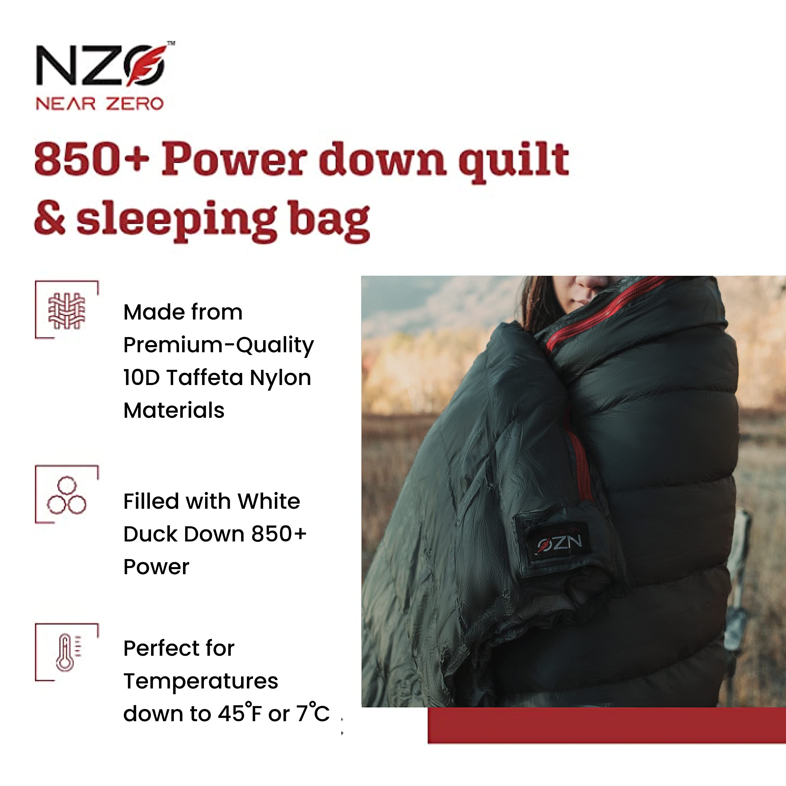 NEAR ZERO Quilt ONE Ultralight 850+ Power Down Quilt & Sleeping Bag for Camping, Hiking & Backpacking | Convertible to 2-Person Sleeping System | Compact 4-Season Camping Gear with Compression Sack | Perfect for Outdoor Adventures & Cold Weather Camping