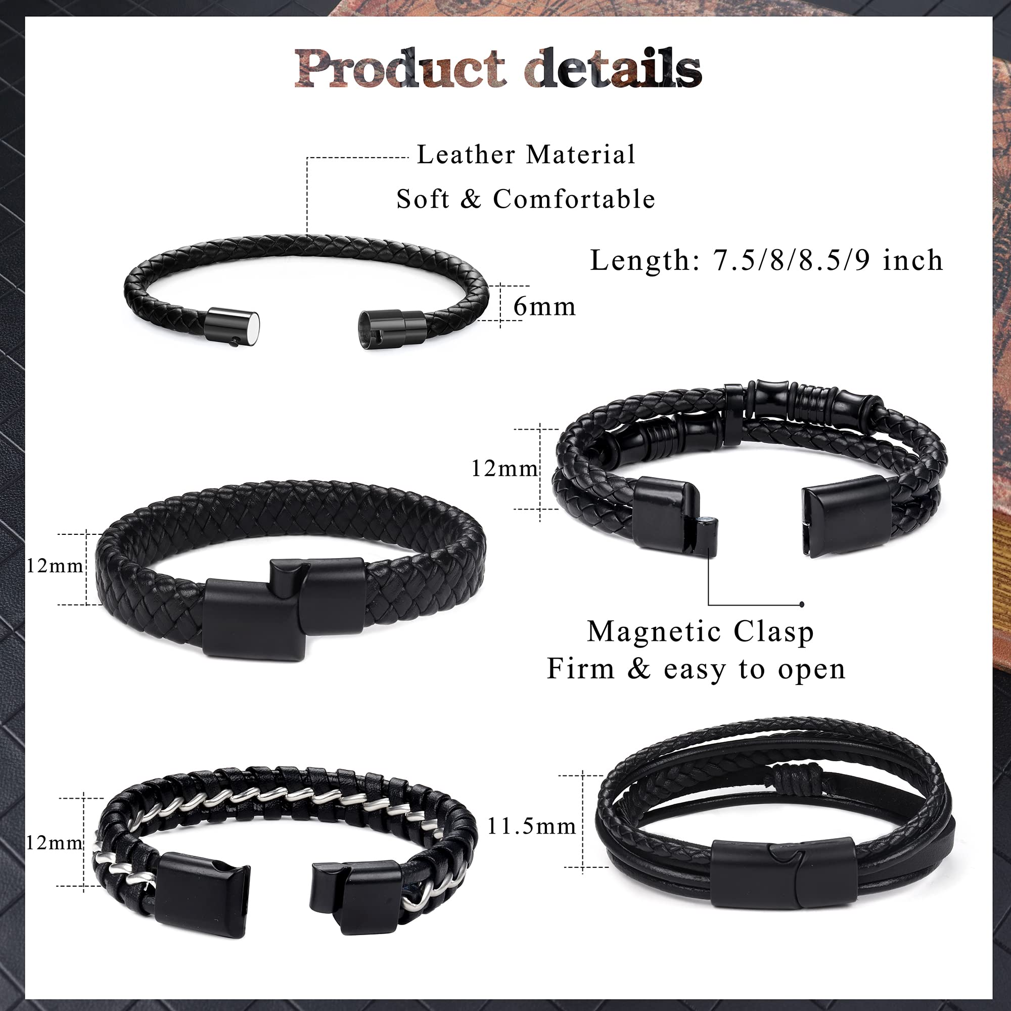 SAILIMUE 5-Pack Black Leather Bracelets for Men & Women - Adjustable Braided Leather Wristbands (7.5-8.5 Inch) - Stylish Cuff Bracelet Set for Casual Wear, Gifts & Fashion Accessories