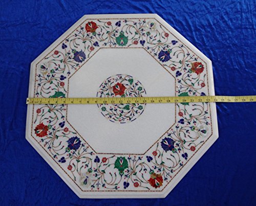 24 Inch White Marble Coffee Table Top with Floral Pietra Dura Inlay Art - Mughal Design Decorative Home Decor for Living Room & Office