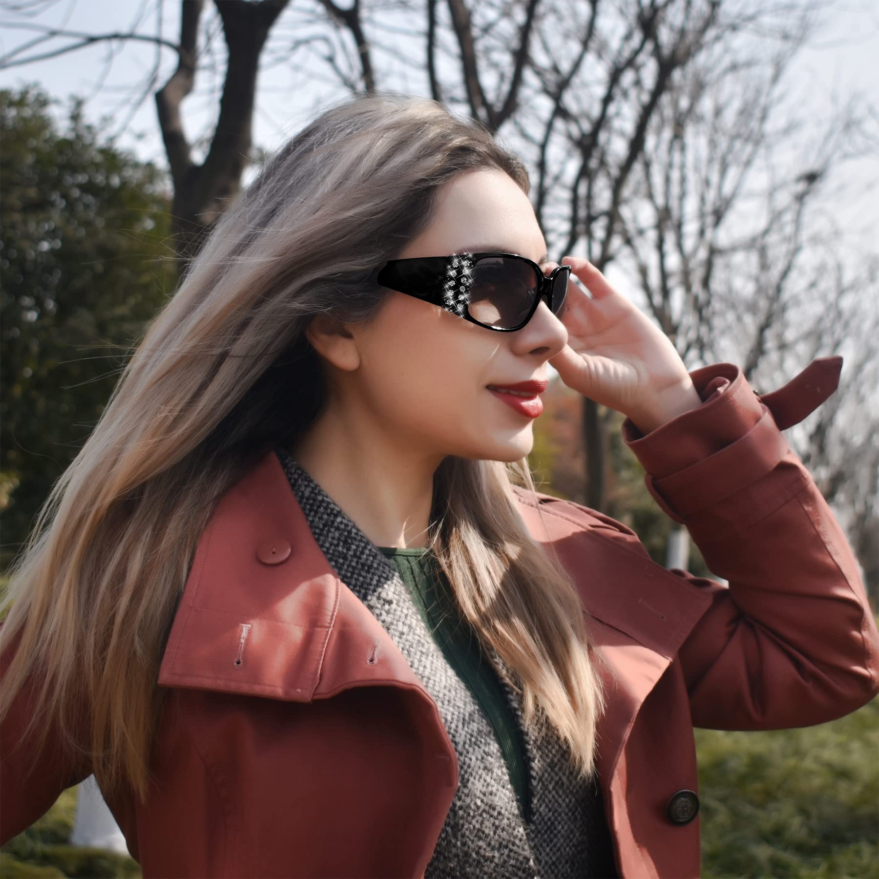 Stylish Polarized Sunglasses for Women - Rhinestone Bling Oval UV Protection Shades for Driving, Shopping & Outdoor Activities