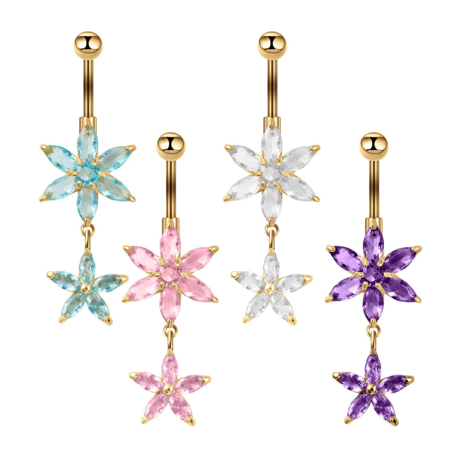 Hypoallergenic Flower Dangle Belly Button Rings | Surgical Steel Top Mount Navel Piercing Jewelry | Cute Body Jewelry for Women | Perfect for Summer, Beach, and Festival Outfits