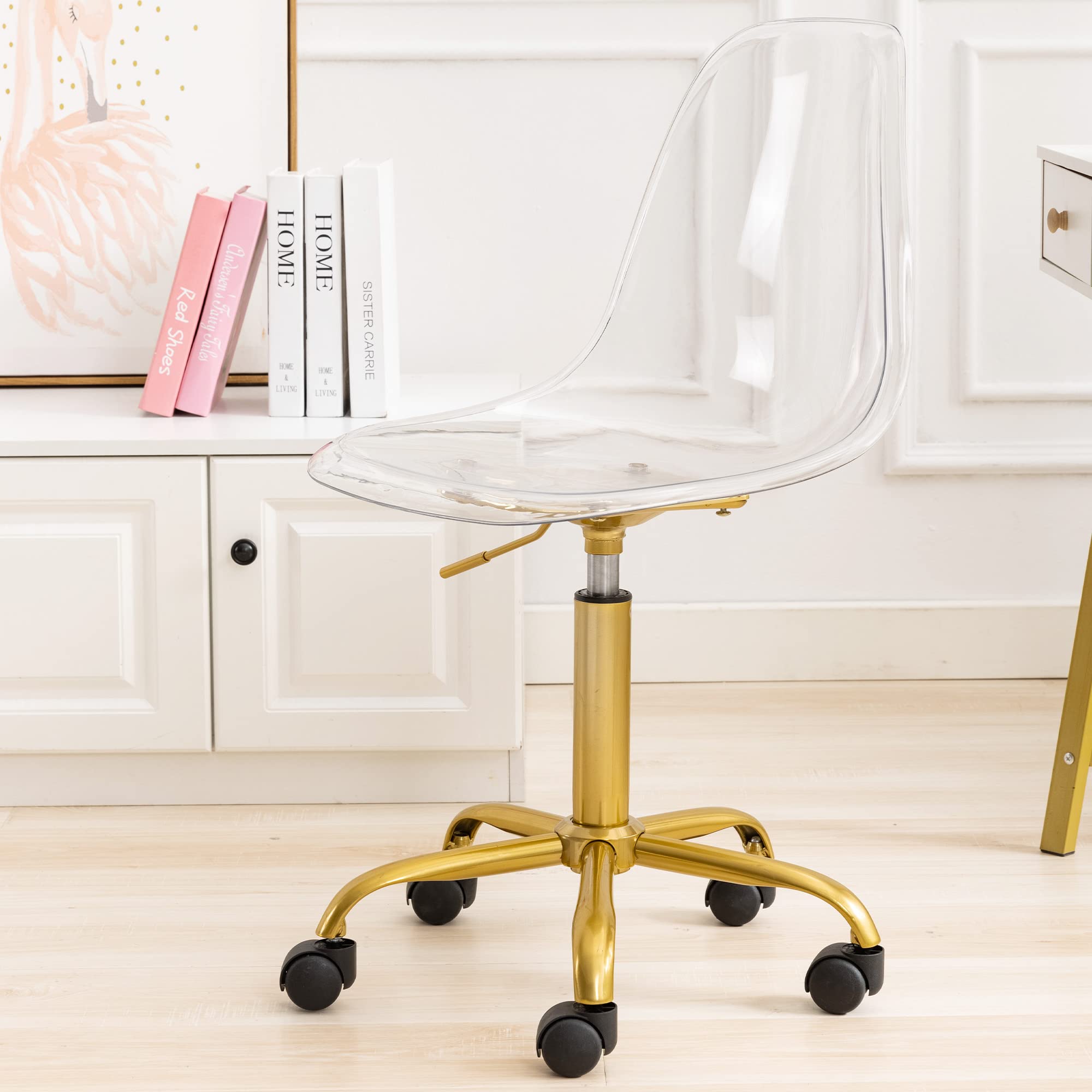 Modern Clear Acrylic Rolling Desk Chair - Adjustable Height Armless Office Chair with Wheels for Home, Vanity, or Workspace | Small Plastic Ghost Chair for Stylish & Functional Seating