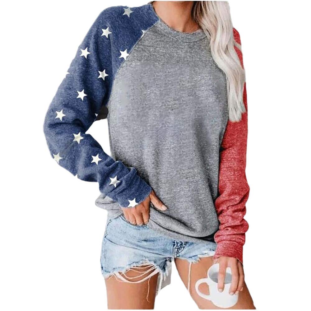**Women's Long Sleeve Star Graphic Pullover T-Shirt - Flag Print Raglan Sleeve Casual Tee for Everyday Wear & Holiday Outfits**