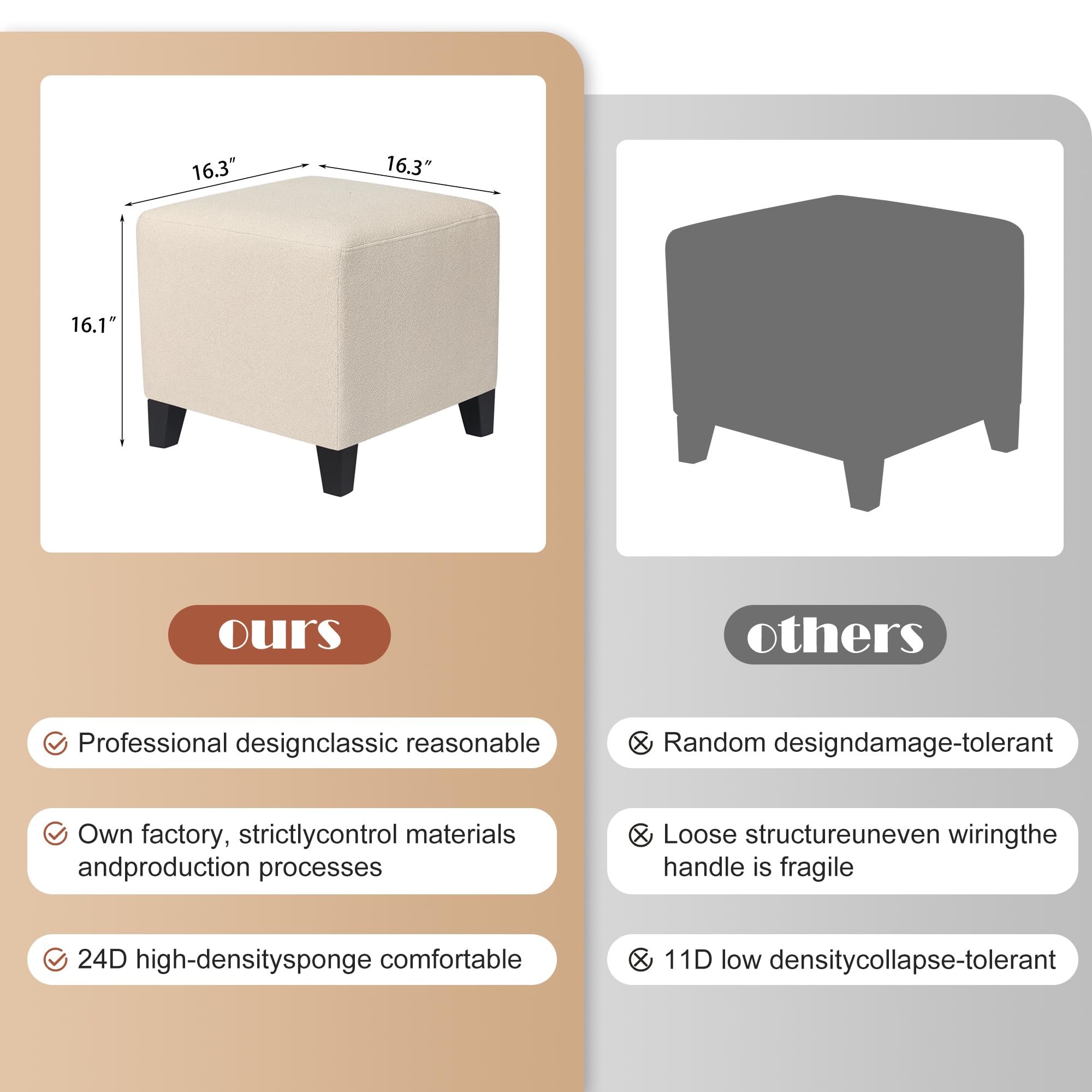 Square Cube Ottoman - 16 Inch Small Footstool with Large Load Capacity, Foot Rest for Living Room, Bedroom & Office - Durable & Stylish Home Decor