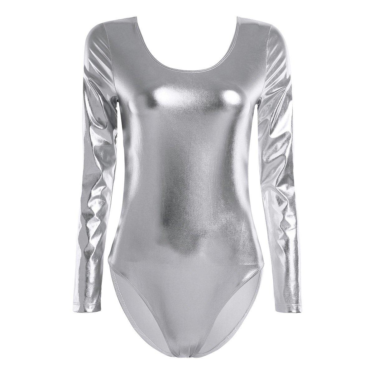 Women's Metallic Liquid Leotard Bodysuit - Long Sleeve Gymnastics & Dance Costume for Performance, Yoga, and Stage Shows
