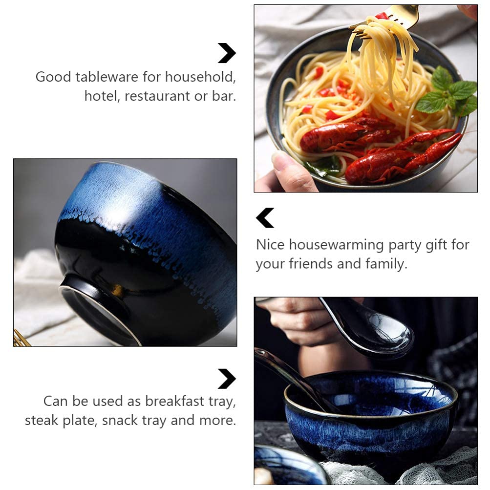 2-Piece Japanese Style Ceramic Bowl Set - Ramen, Rice, Fruit, Dessert, Salad & Soup Bowls with Spoons - Perfect for Asian Cuisine, Home Dining & Party Serving