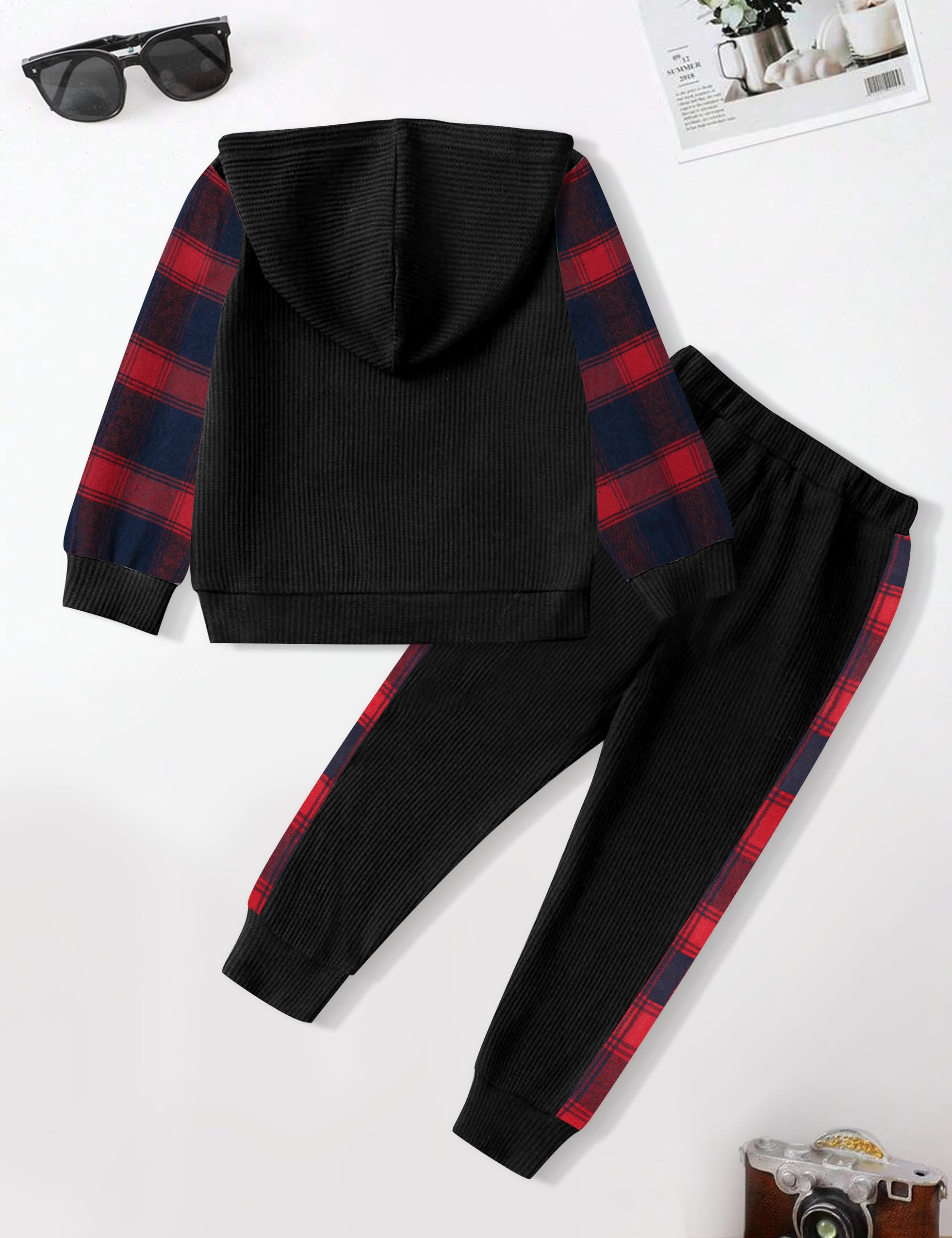 Boys' Waffle Plaid Hoodie & Patchwork Casual Pants 2-Piece Set - Warm Fall Winter Toddler Outfit with Pockets | Cozy Playdates & Outdoor Adventures