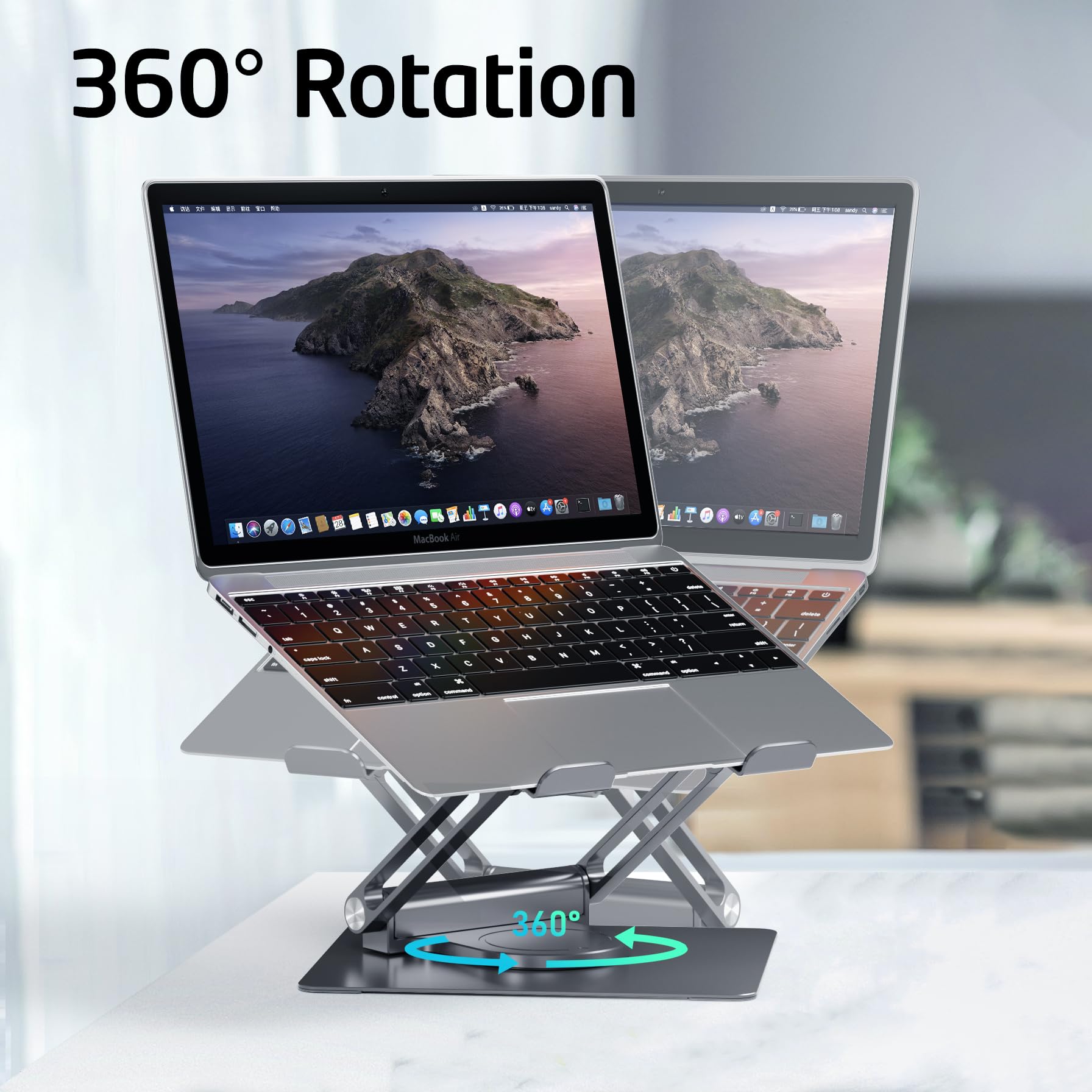 Adjustable Aluminum Laptop Stand with USB-C & USB-A Ports, 360° Rotating Base - Ergonomic Foldable Computer Riser for 7