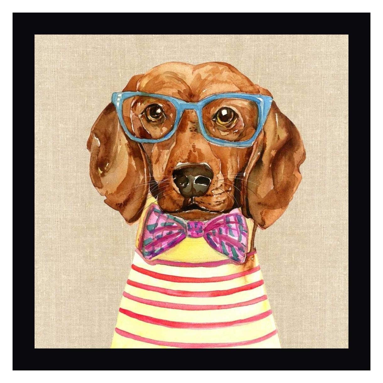 20x20 Inch Black Framed Canvas Art Print - Stylish Dachshund Dog with Fashion Glasses - Ready to Hang Wall Decor for Living Room, Bedroom & Office
