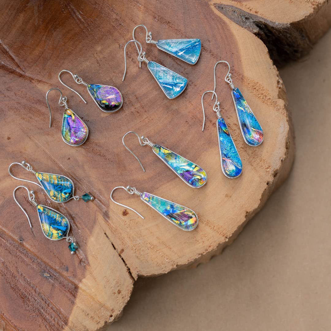 Rainbow Falls Earrings - Hypoallergenic Nickel-Free Dichroic Glass Dangle Earrings | Handmade in USA | Perfect for Weddings, Parties & Special Occasions