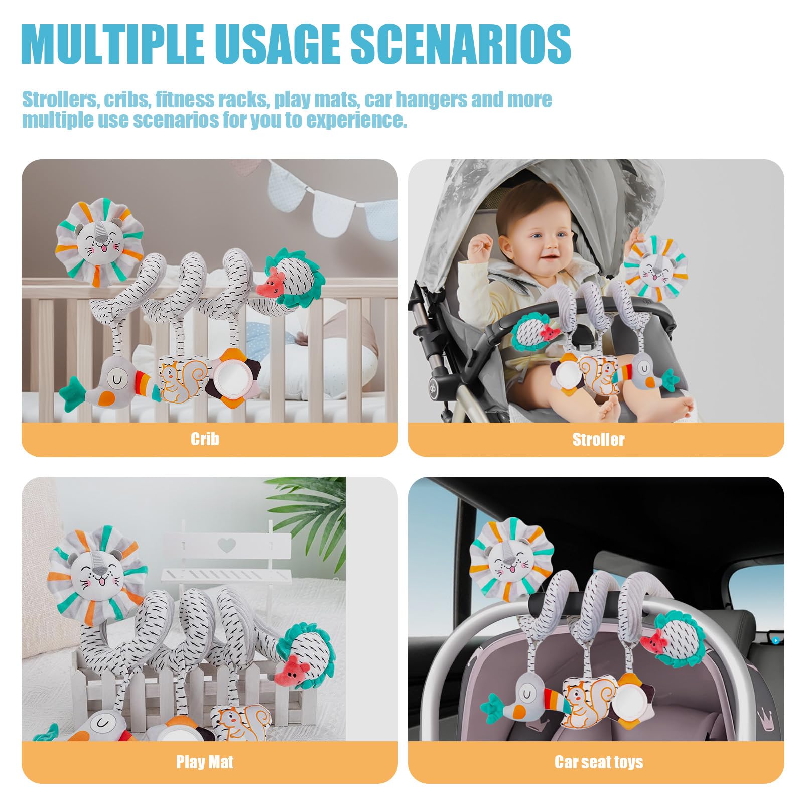 Frilida Baby Car Seat & Stroller Activity Toys for Newborns 0-6 Months - Lion Spiral Hanging Plush Toy with Mirror, Crinkle & Squeaky Sounds | Perfect for Infants Boys & Girls to Stimulate Development During Car Rides, Walks and Playtime