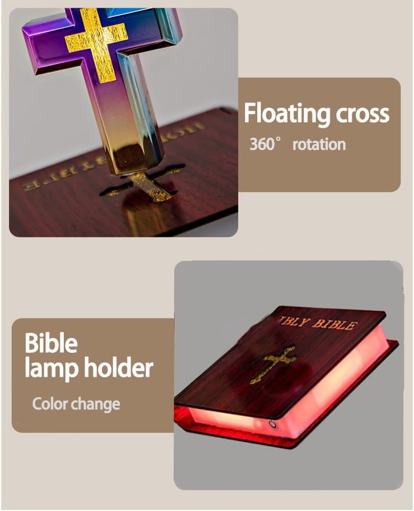 Handmade Levitating Cross Lamp - Floating Cross Light for Bible Study, Night Light, Home & Office Decor - Redwood Cross with Book Base - Perfect for Bedroom, Prayer Room, or Gift Idea
