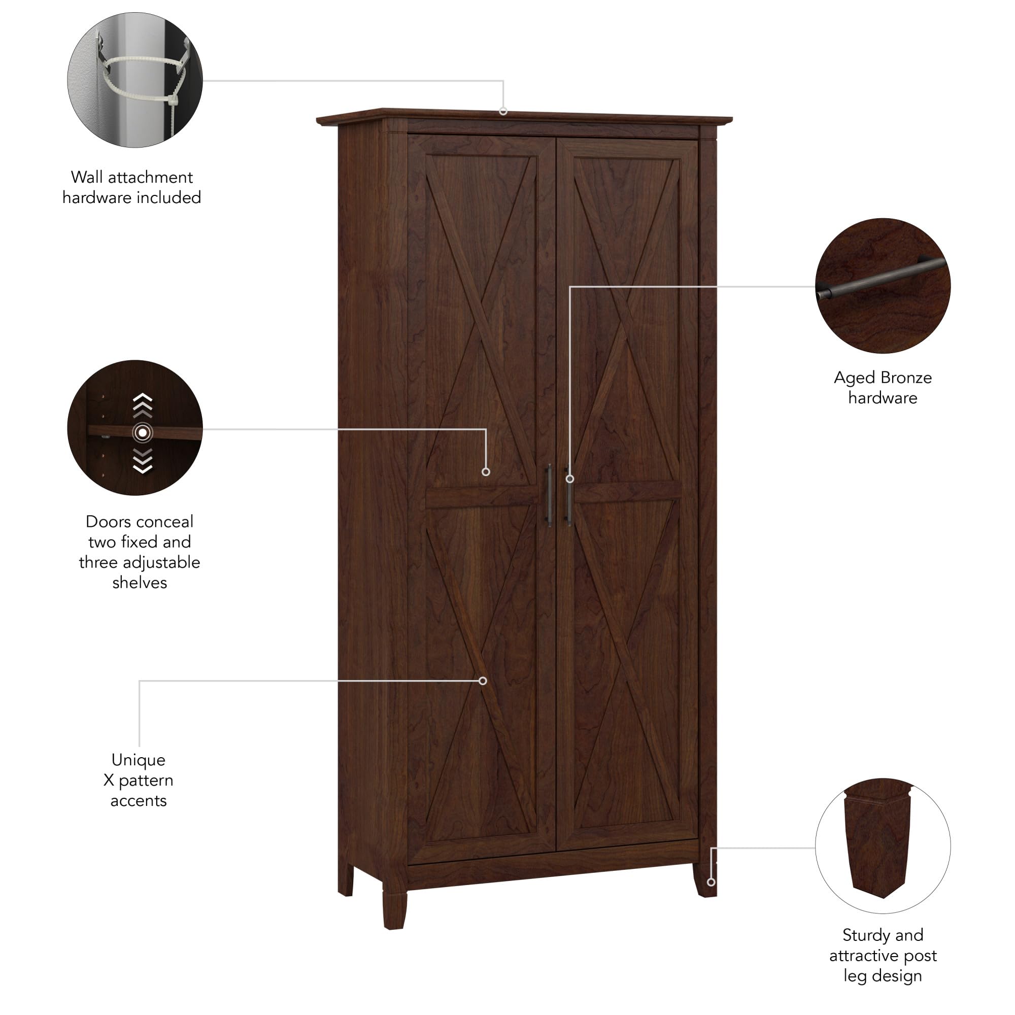Bush Furniture Key West Tall Storage Cabinet with Doors - Bing Cherry Accent Chest for Home Office, Living Room, Entryway & Kitchen Pantry | Organize Files, Dishes & Home Decor in Style