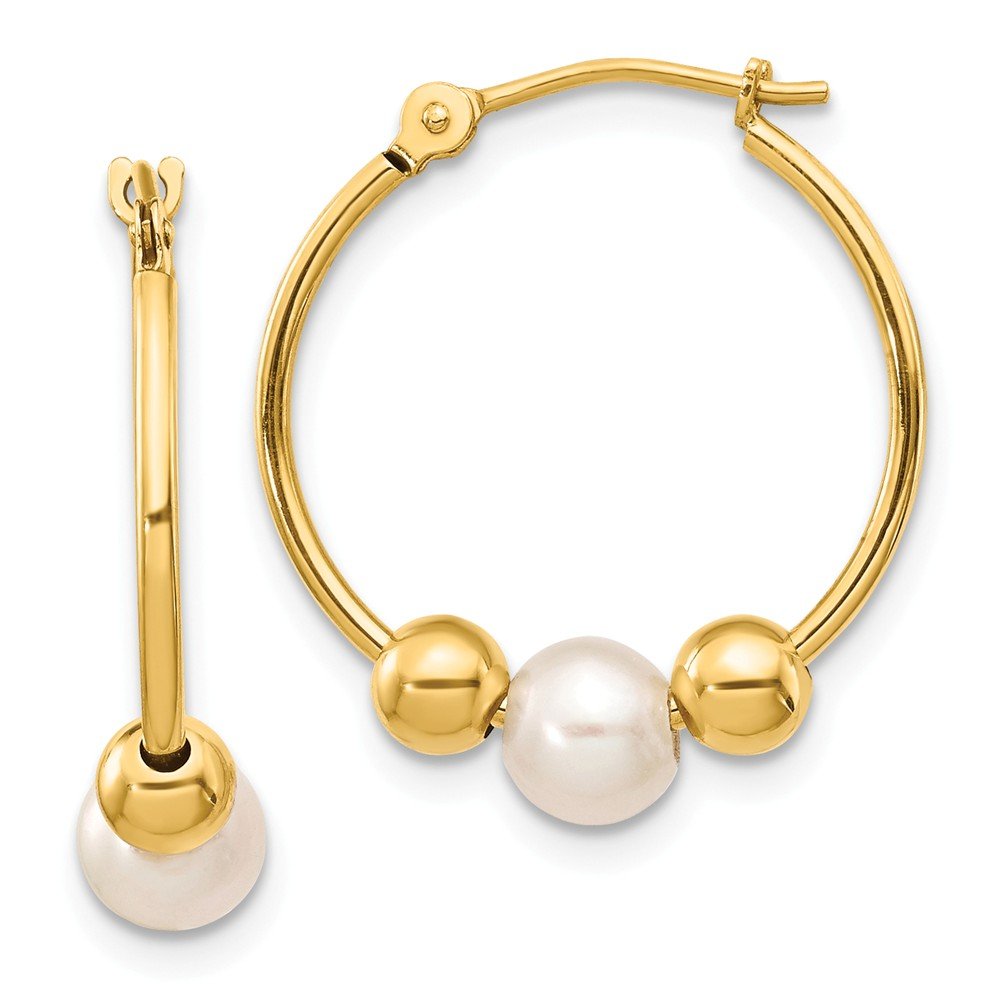 14K Yellow Gold Hoop Earrings with Freshwater Cultured Pearls - 21mm x 19mm Polished Pearl Dangle Earrings for Women, Perfect for Weddings, Parties & Special Occasions