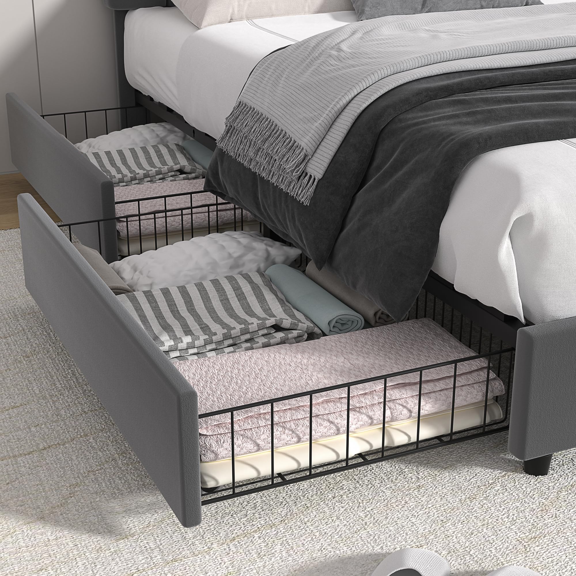 VECELO Queen Size Upholstered Bed Frame with 4 Storage Drawers & Adjustable Headboard - Velvet Platform Bed Frame with Wooden Slats Support, No Box Spring Needed - Dark Grey Luxury Bed for Master Bedroom or Guest Room