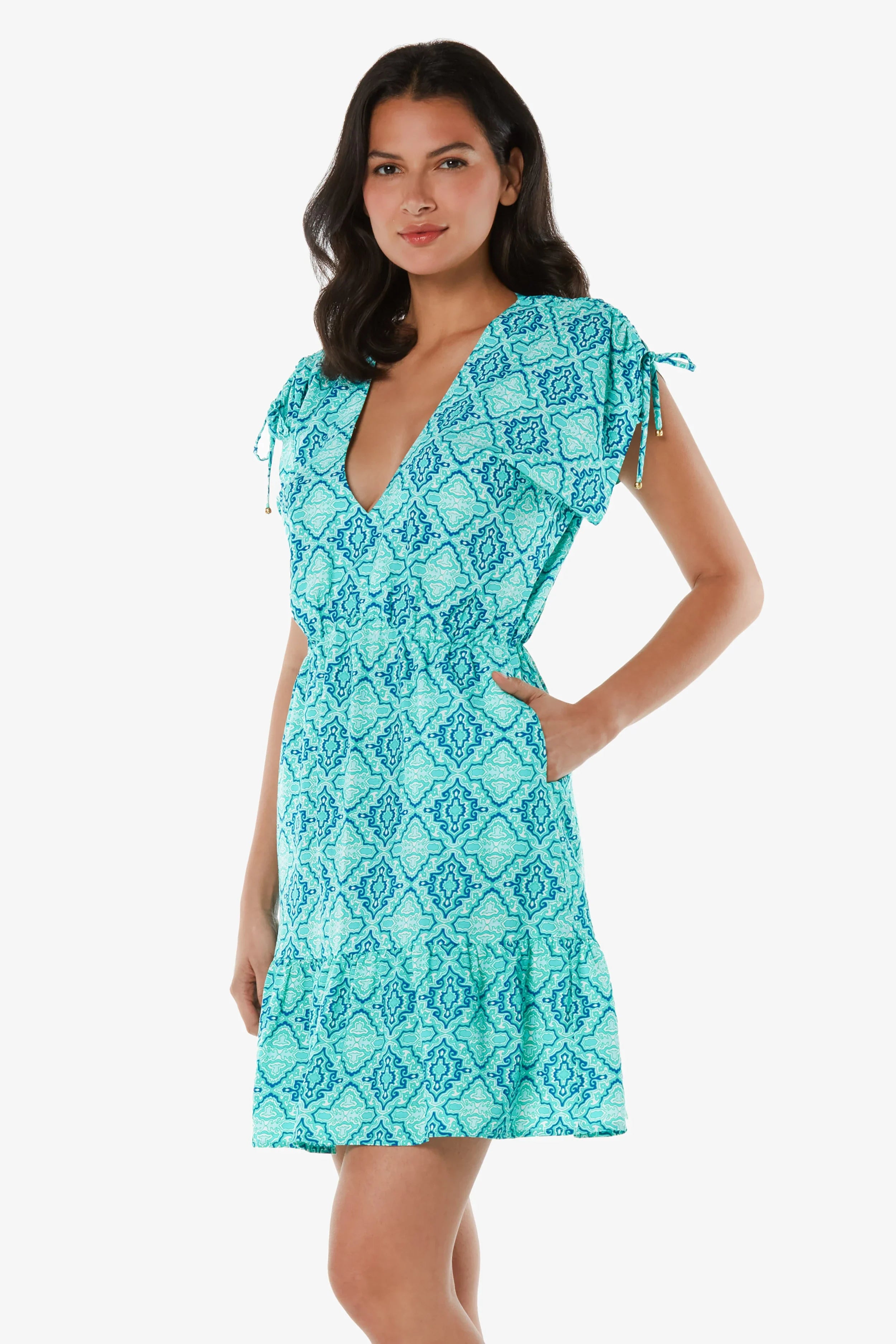 Elegant V Neck Dress for Women - Comfortable & Stylish Marbella Tile Design - Perfect for Casual Outings, Office Wear & Special Occasions