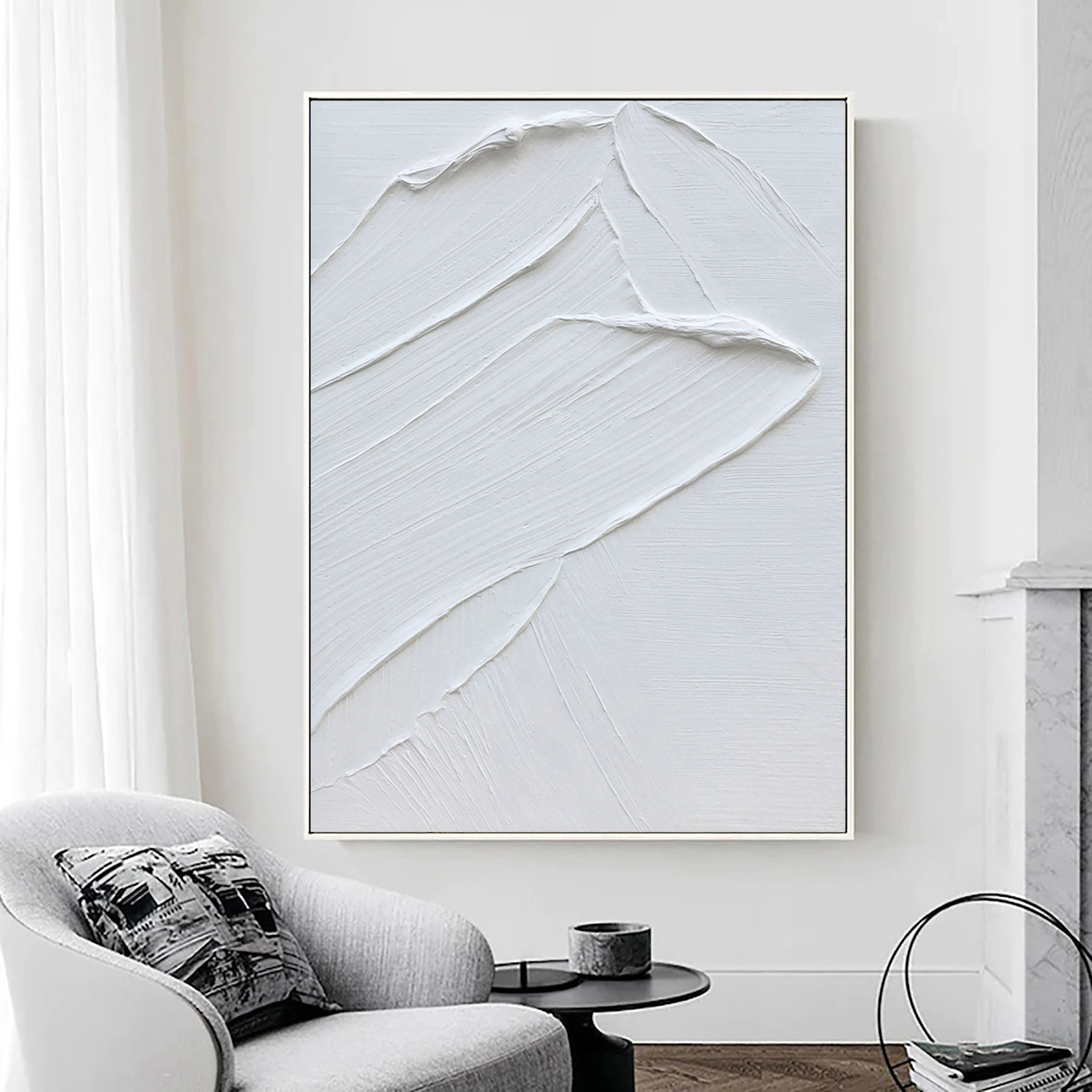White Minimalist Textured Painting Canvas Wall Art - Modern Abstract Vertical Decor for Living Room, Bedroom & Office | #MM002