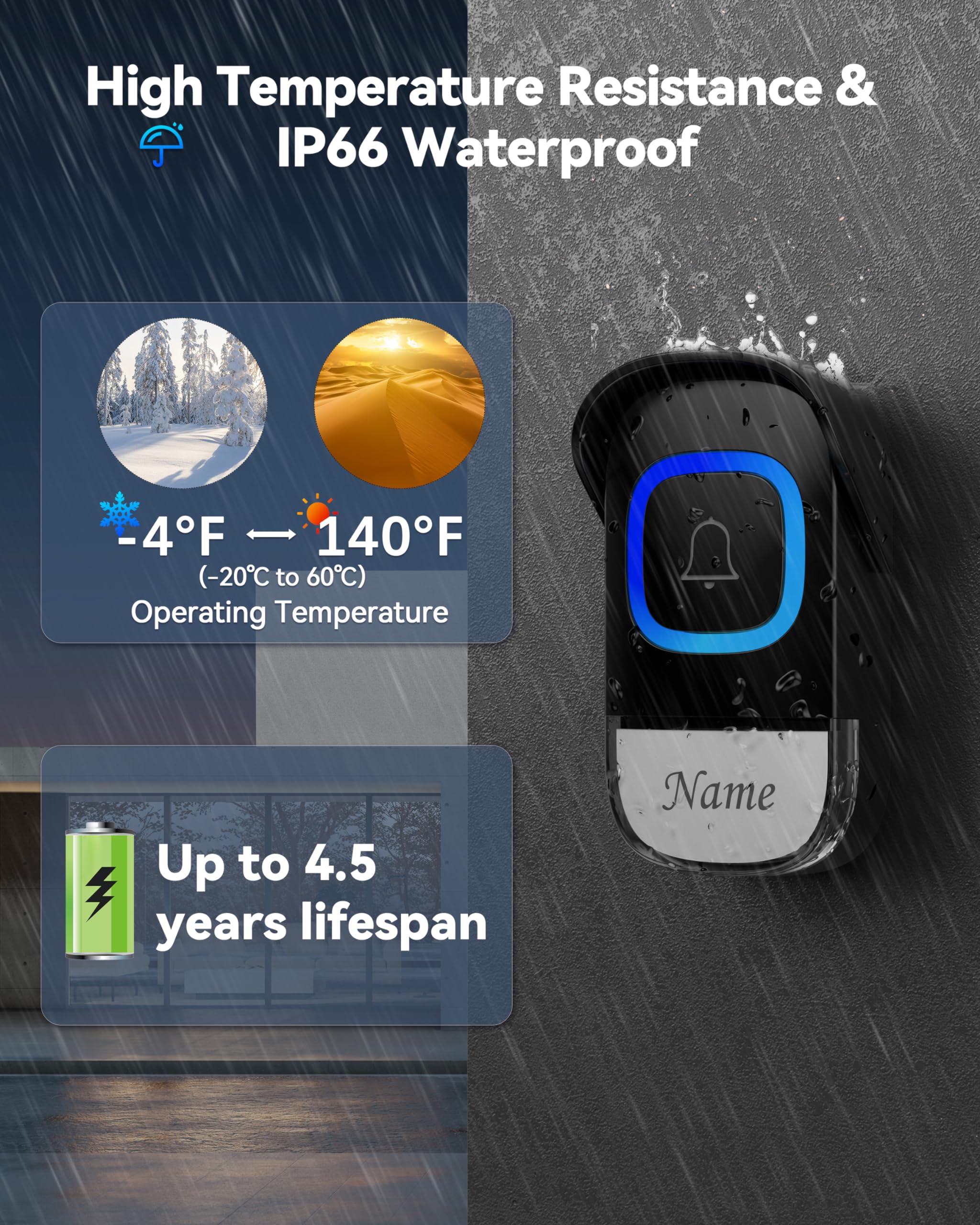 TECKNET 2-in-1 Wireless Doorbell with Bluetooth Speaker - Portable RGB Light Doorbell, IP66 Waterproof, 0-100dB Adjustable Volume, Stereo Sound - Perfect for Home Security, Outdoor Parties & Smart Home Integration