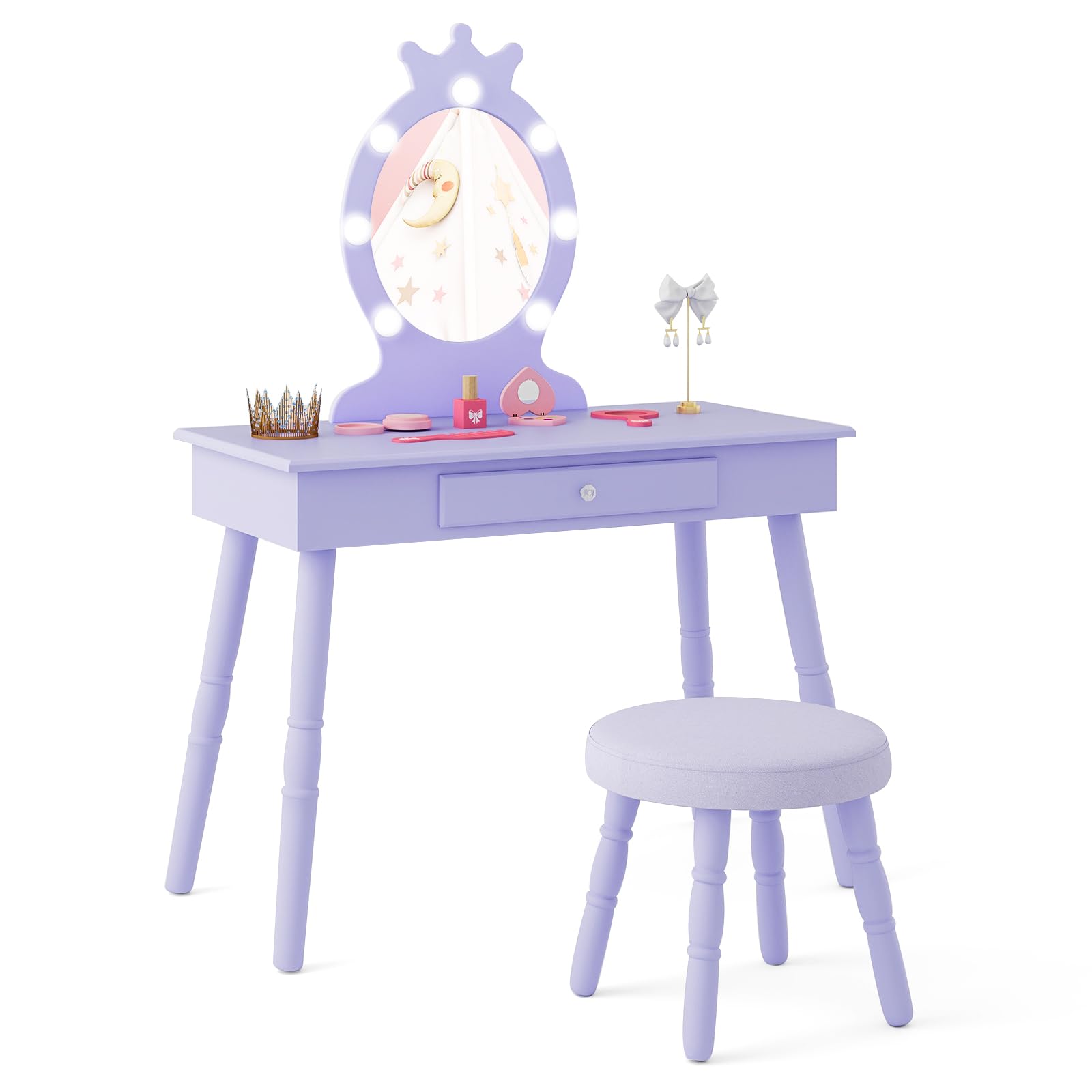 Costzon Kids Vanity Set with Mirror, Stool & LED Lights - 2-in-1 Wooden Makeup Dressing Table with Drawers for Girls - Pretend Play Toddler Vanity Desk & Chair Set (Violet) - Perfect for Birthday Gifts & Princess Room Decor