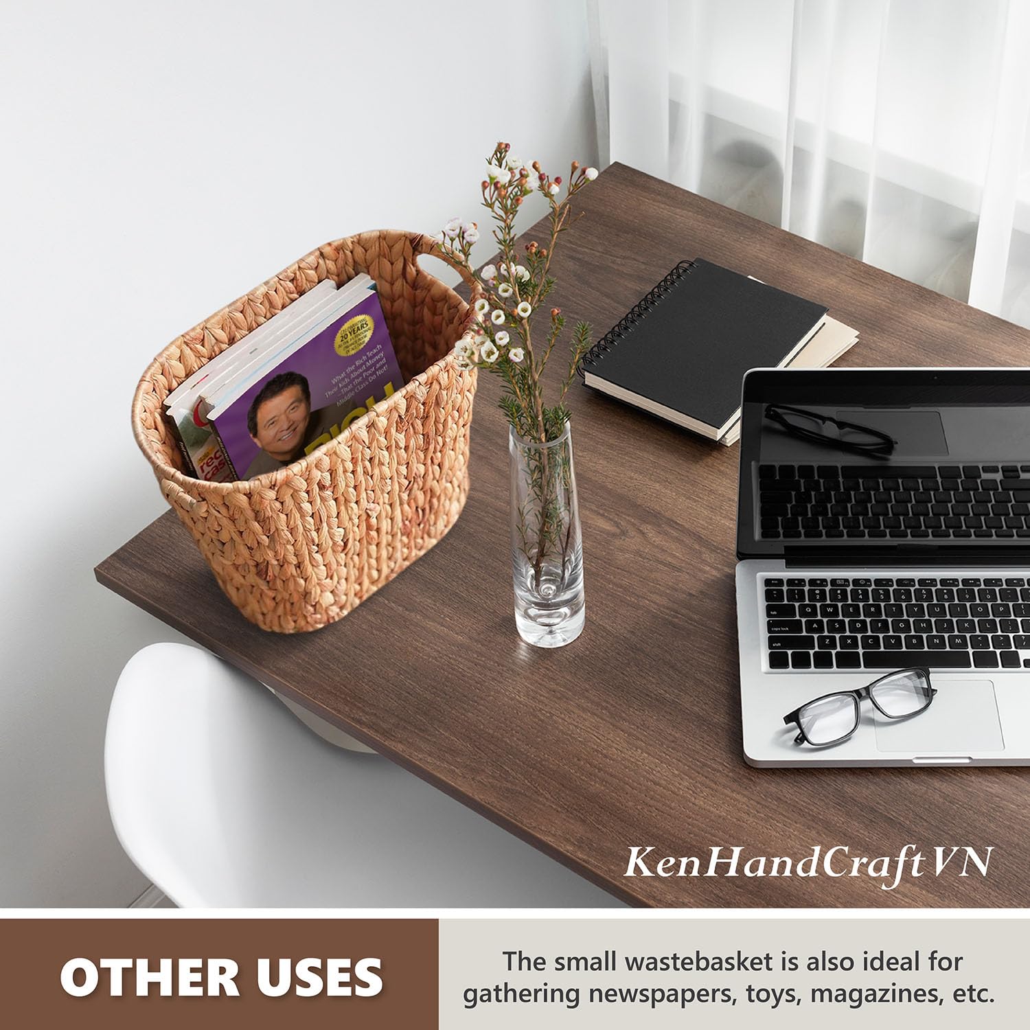 Eco-Friendly Wicker Trash Can - Handwoven Water Hyacinth Waste Basket with Built-in Handles for Bathroom, Bedroom, Office & Living Room | Small Space Storage Solution | Perfect for Home Decor & Organization (1 Pack)