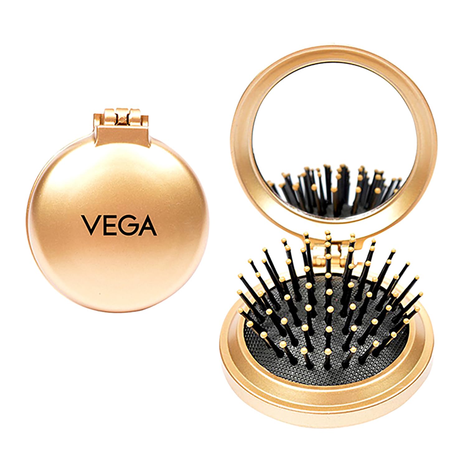 Vega Compact Hair Brush with Foldable Mirror - India's No.1 Hair Brush Brand for Men & Women (R2-FM) - Perfect for Travel, Gym & On-the-Go Styling