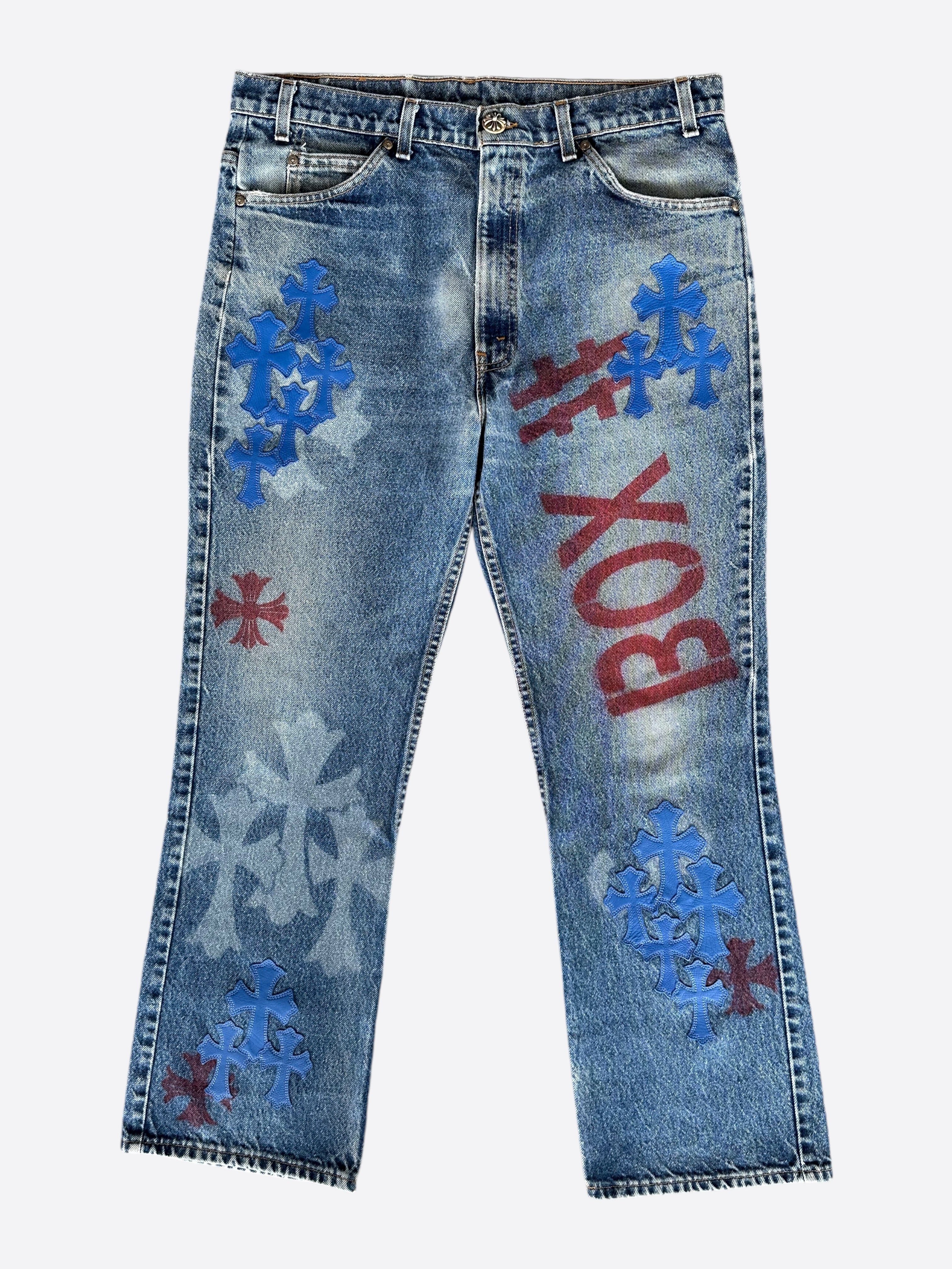 Chrome Hearts x Levi's Blue Cross Patch Stencil Jeans - Vintage Distressed Denim Pants for Men & Women | Perfect for Streetwear, Casual Outfits, and Fashion Statements