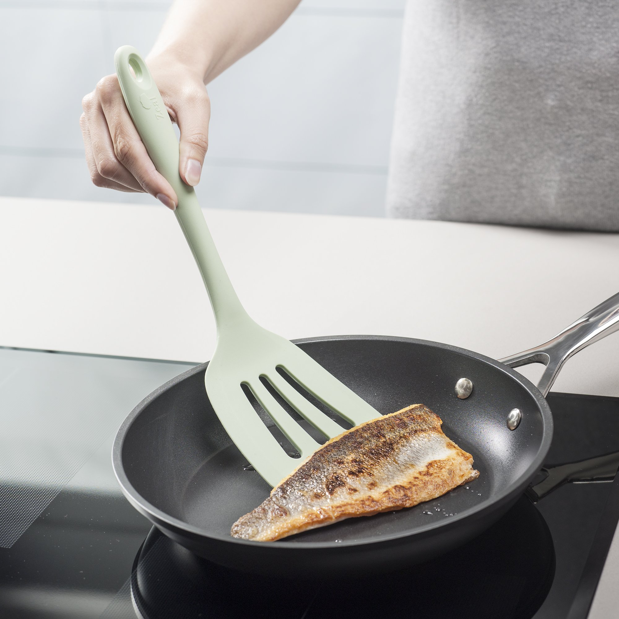 Zeal Non-Stick Silicone Cooking Utensil Set - 5-Piece Kitchen Tools with Heat-Resistant Spatula, Turner, Spoon & Tongs for Baking, Grilling, Frying (Sage Green) - Perfect for Nonstick Cookware & Everyday Cooking