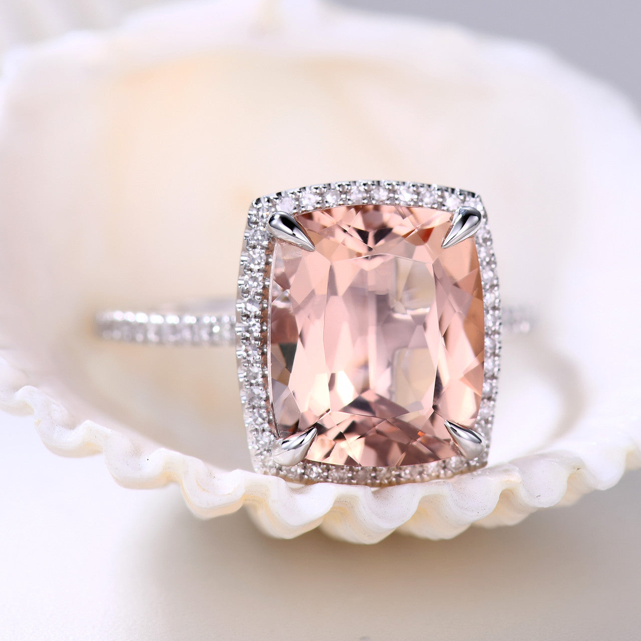 5 Carat Rectangular Cushion Cut Morganite Engagement Ring with Halo & Claw Prongs in 14k Rose Gold - Perfect for Proposals, Anniversaries & Stackable Wedding Bands