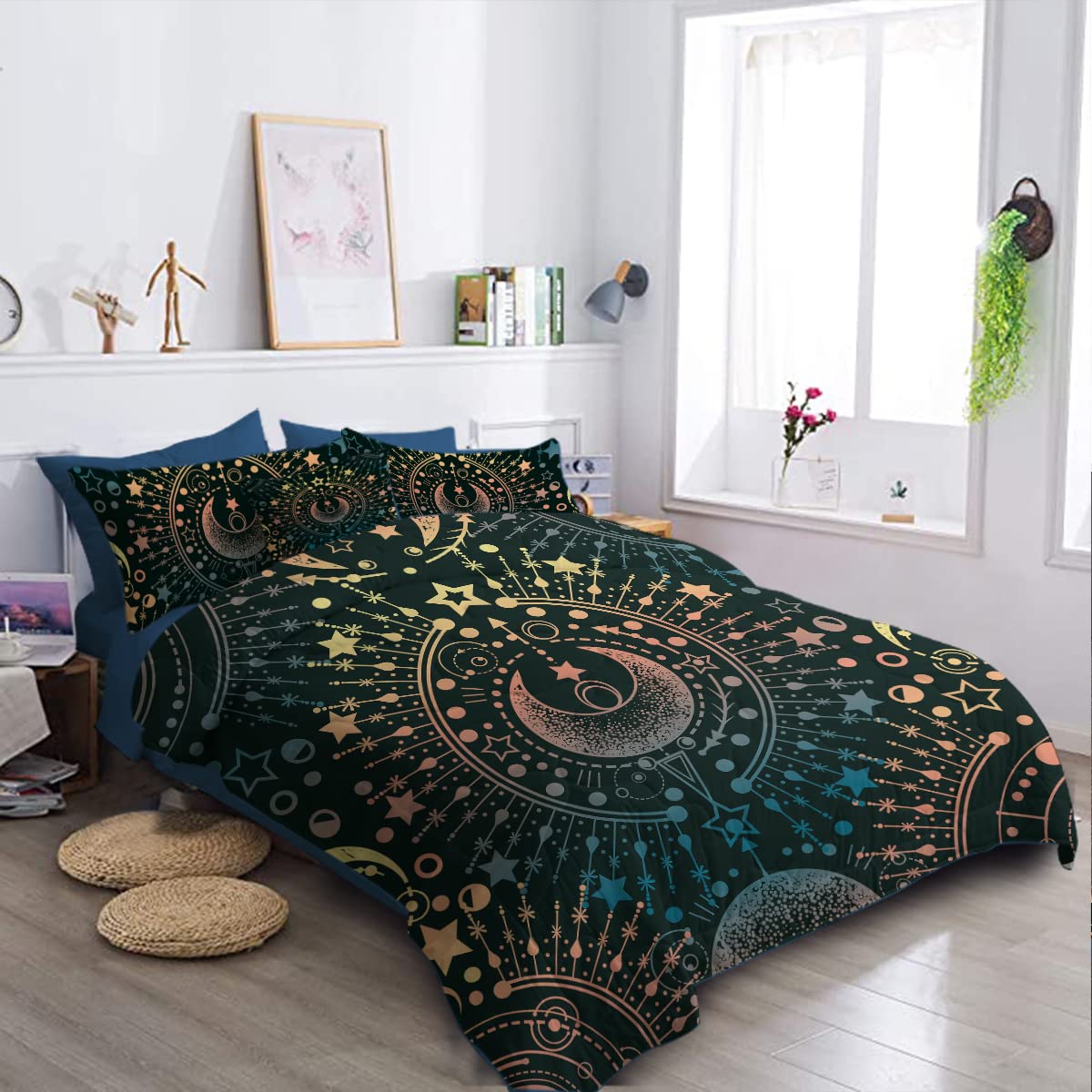 BlessLiving 8-Piece Moon Comforter Set - Teal, Yellow, Pink Star Bedding with Astrology Design, Includes 1 Comforter, 2 Pillow Shams, 1 Flat Sheet, 1 Fitted Sheet, 1 Cushion Cover - Queen Size for Cozy Bedroom Decor & Teen Girls' Room