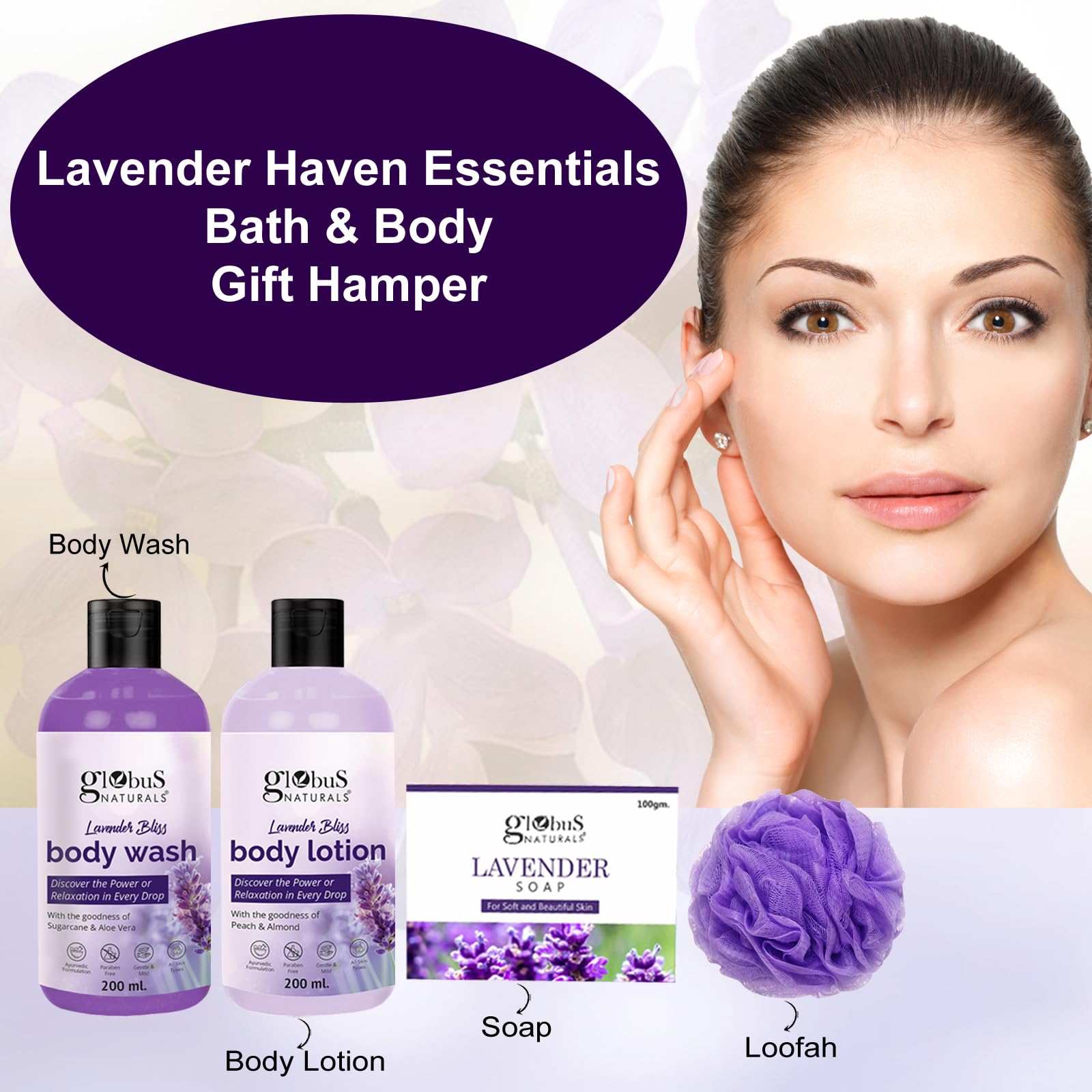 Globus Naturals Lavender Spa Gift Set - 4 Piece Relaxing Bath & Body Collection with Lavender Body Wash (200ml), Lotion (200ml), Soap (100g) & Loofah | Perfect for Self-Care, Gifts & Aromatherapy at Home