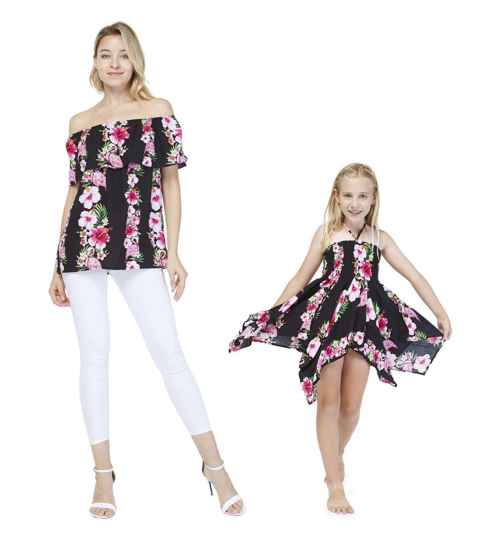Mother & Daughter Matching Hawaiian Luau Off-Shoulder Tops - Pink Hibiscus Vine Gypsy Dresses for Women and Girls | Beach Party, Summer Vacation, Family Photoshoot Outfits