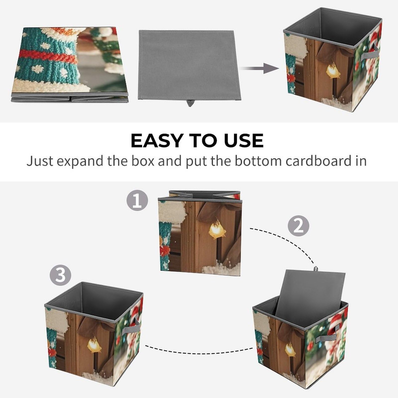 Christmas Themed Storage Bins - Large Capacity Collapsible Closet Organizer with Handles, 10.6x10.6x10.6 Inch Fabric Storage Cubes for Holiday Decor, Home & Office Organization