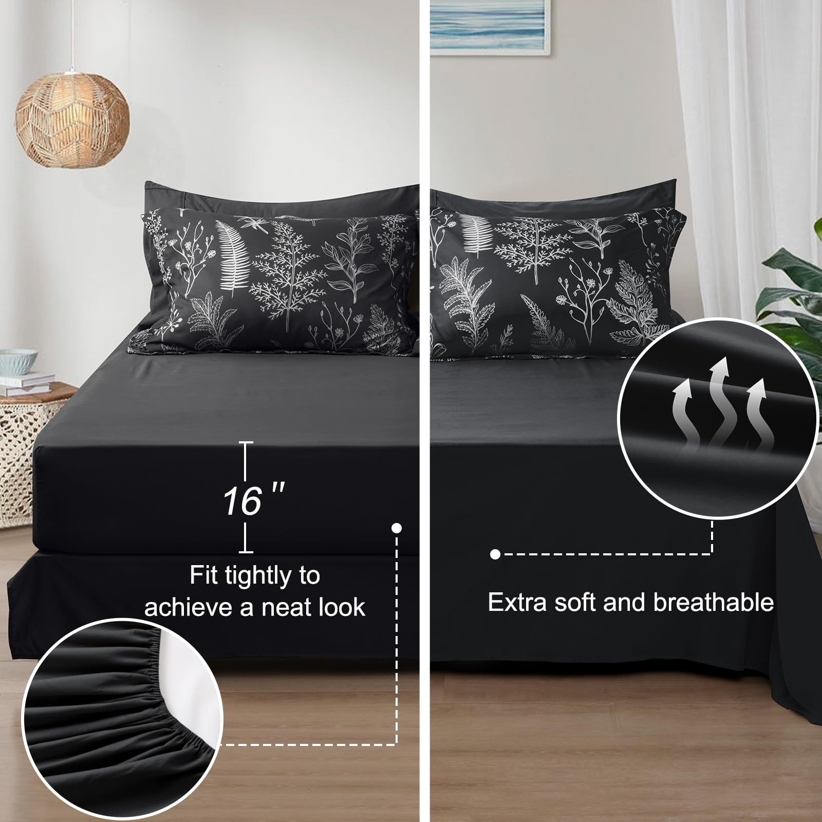 PHF 7-Piece Queen Comforter Set - Ultra Soft Reversible Botanical Bedding | Includes Comforter, Pillow Shams, Flat Sheet, Fitted Sheet & Pillowcases (Black) | Perfect for Master Bedroom, Guest Room & Cozy Home Decor