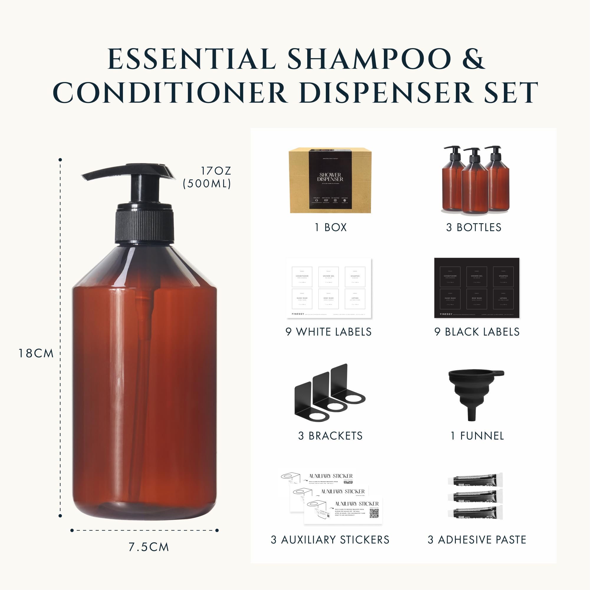 Refillable 3-Chamber Shampoo, Conditioner & Body Wash Dispenser with Pump - No Drill Wall Mount for Bathroom & Shower - Labeled Containers for Easy Refilling - Perfect for Spa, Gym & Home Use