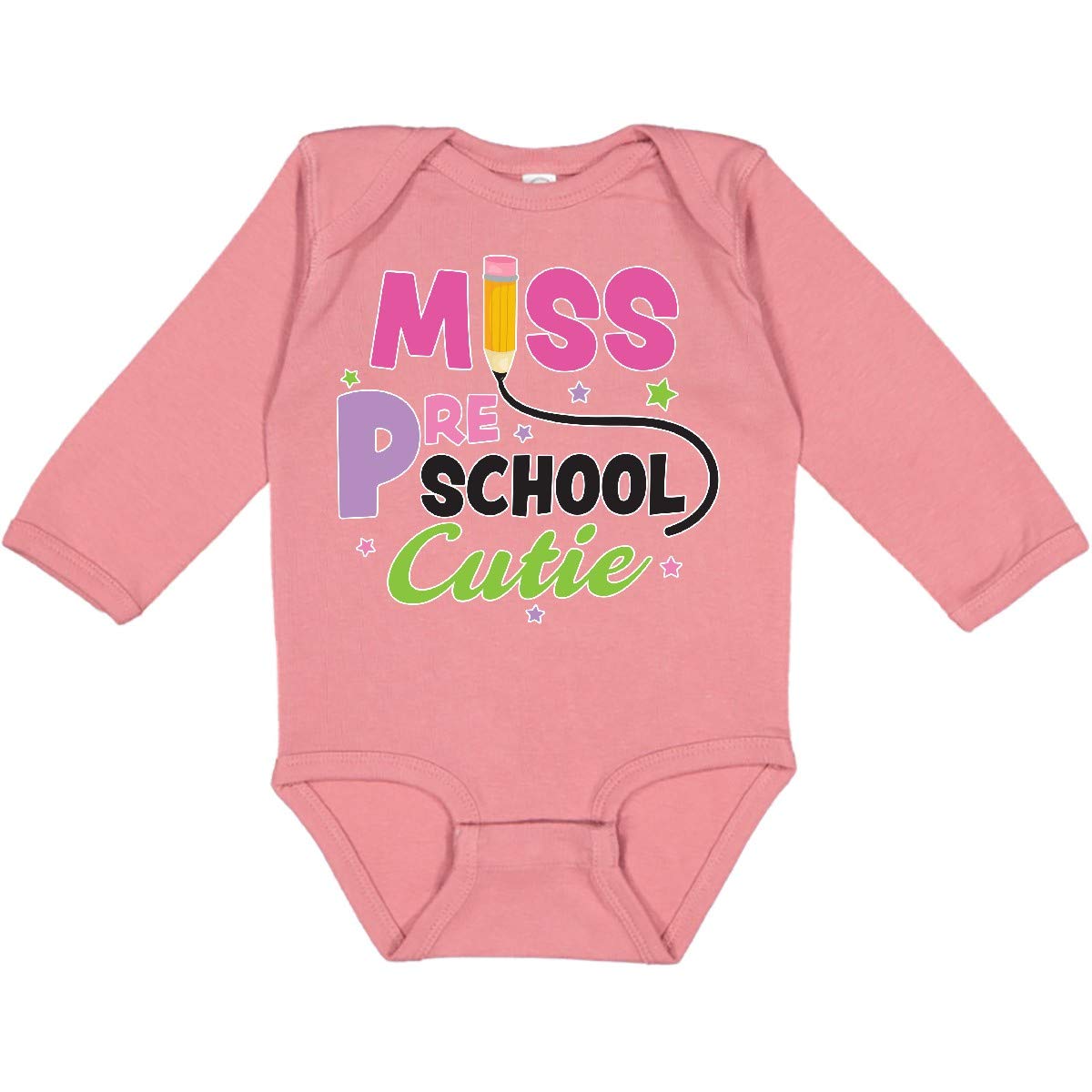Inktastic Miss Preschool Cutie with Pencil and Stars Long Sleeve Baby Bodysuit - Cute Toddler Outfit for School, Playdates & Photo Shoots