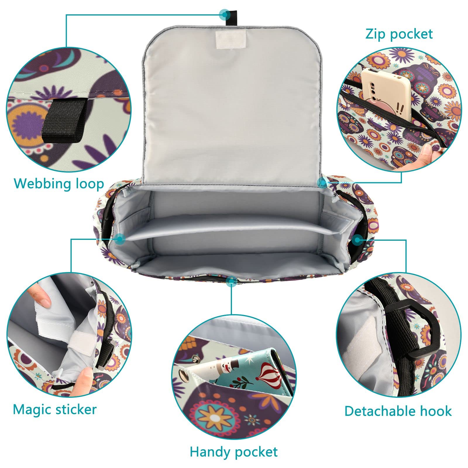 Universal Baby Stroller Organizer Bag with 2 Cup Holders & Adjustable Strap - Large Diaper Tote for Essentials - Fits All Strollers for Boys & Girls - Perfect for Travel, Shopping & Halloween Skull Theme