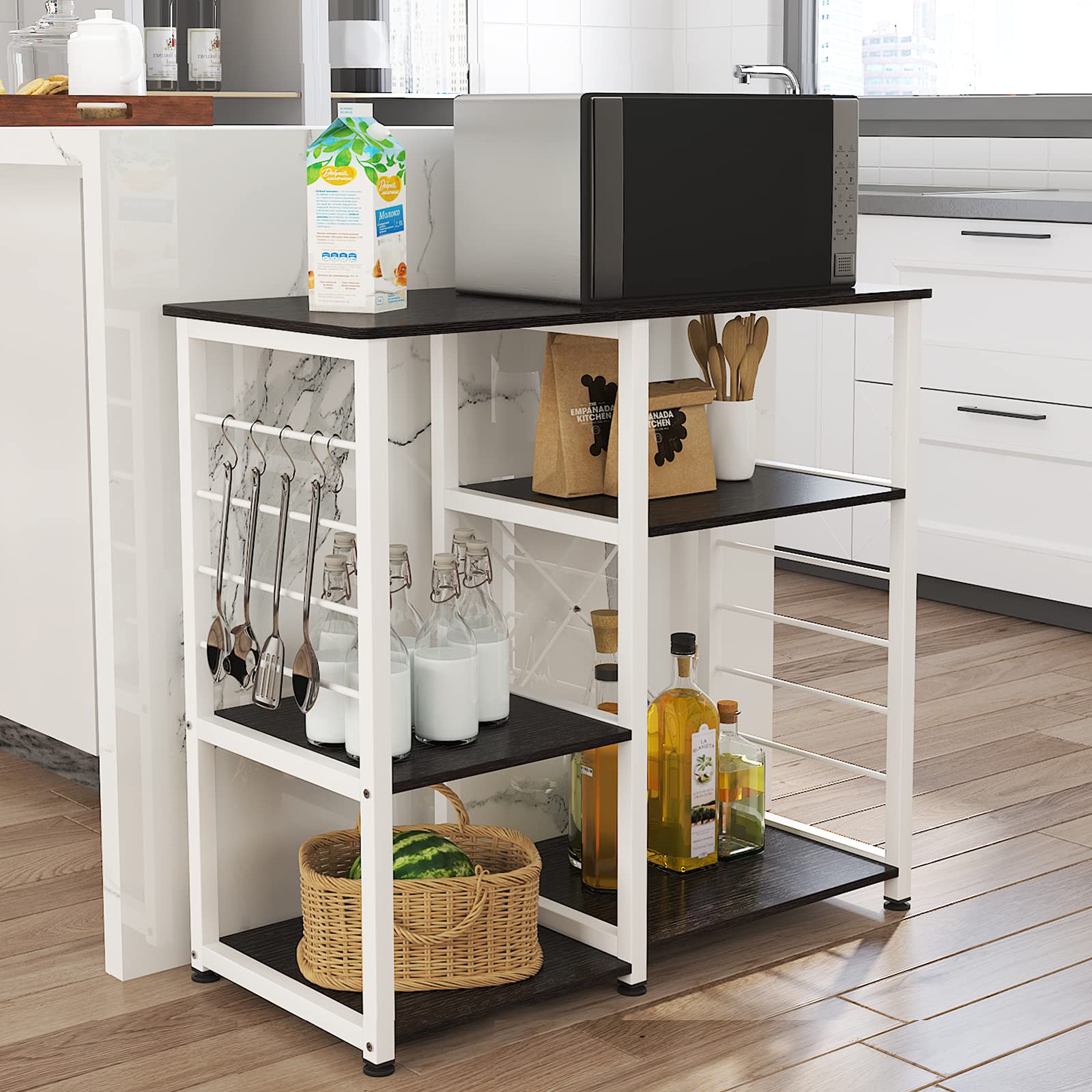 SogesGame Kitchen Bakers Rack with Storage - Black Utility Microwave Oven Stand, Coffee & Kitchen Cart for Home, Office, and Small Spaces