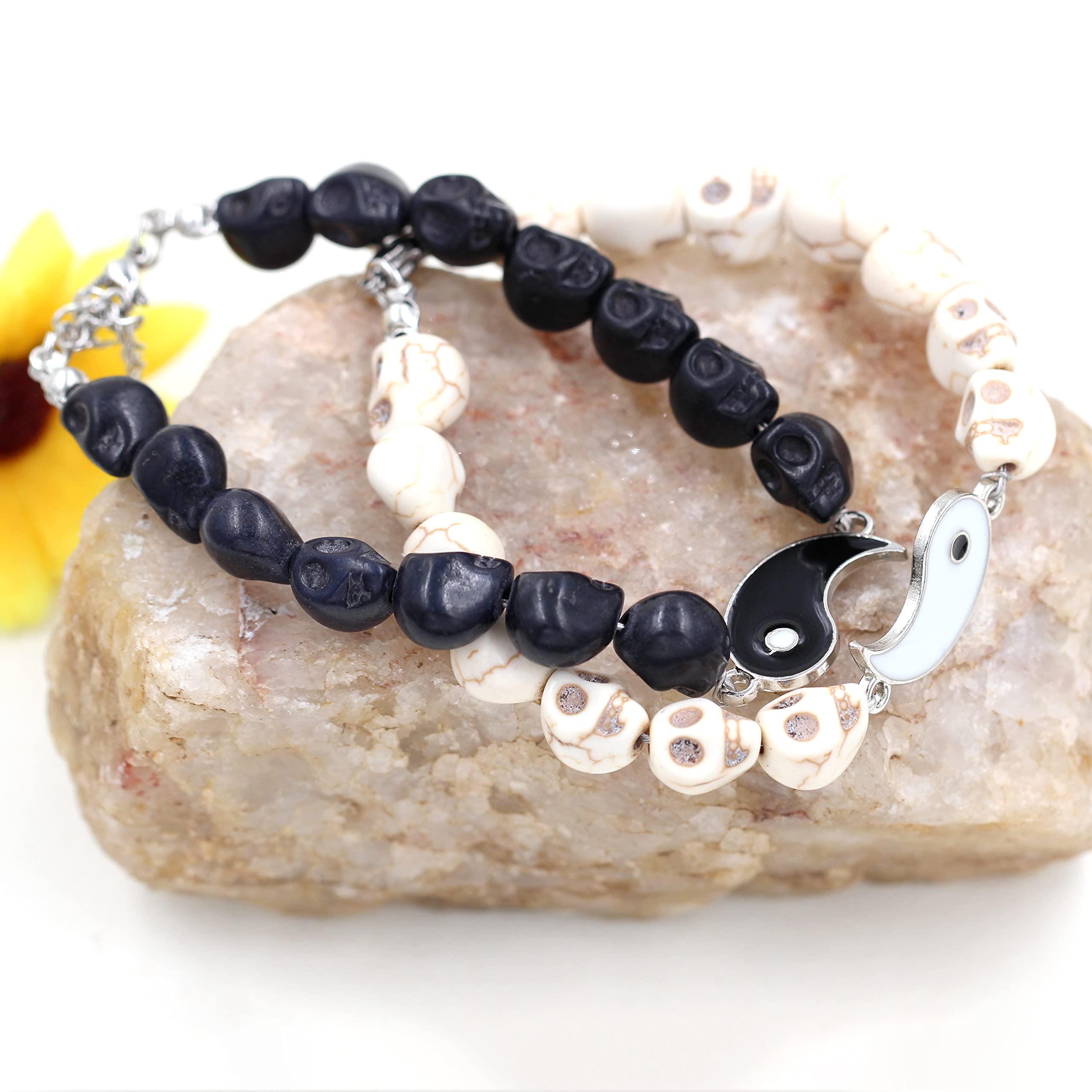 Black and White Skull Beads Yin Yang Bracelet Set for Couples - His and Her Matching Puzzle Bracelets for Men & Women Y2472 - Perfect for Anniversaries, Valentine's Day Gifts and Couple Fashion Accessories
