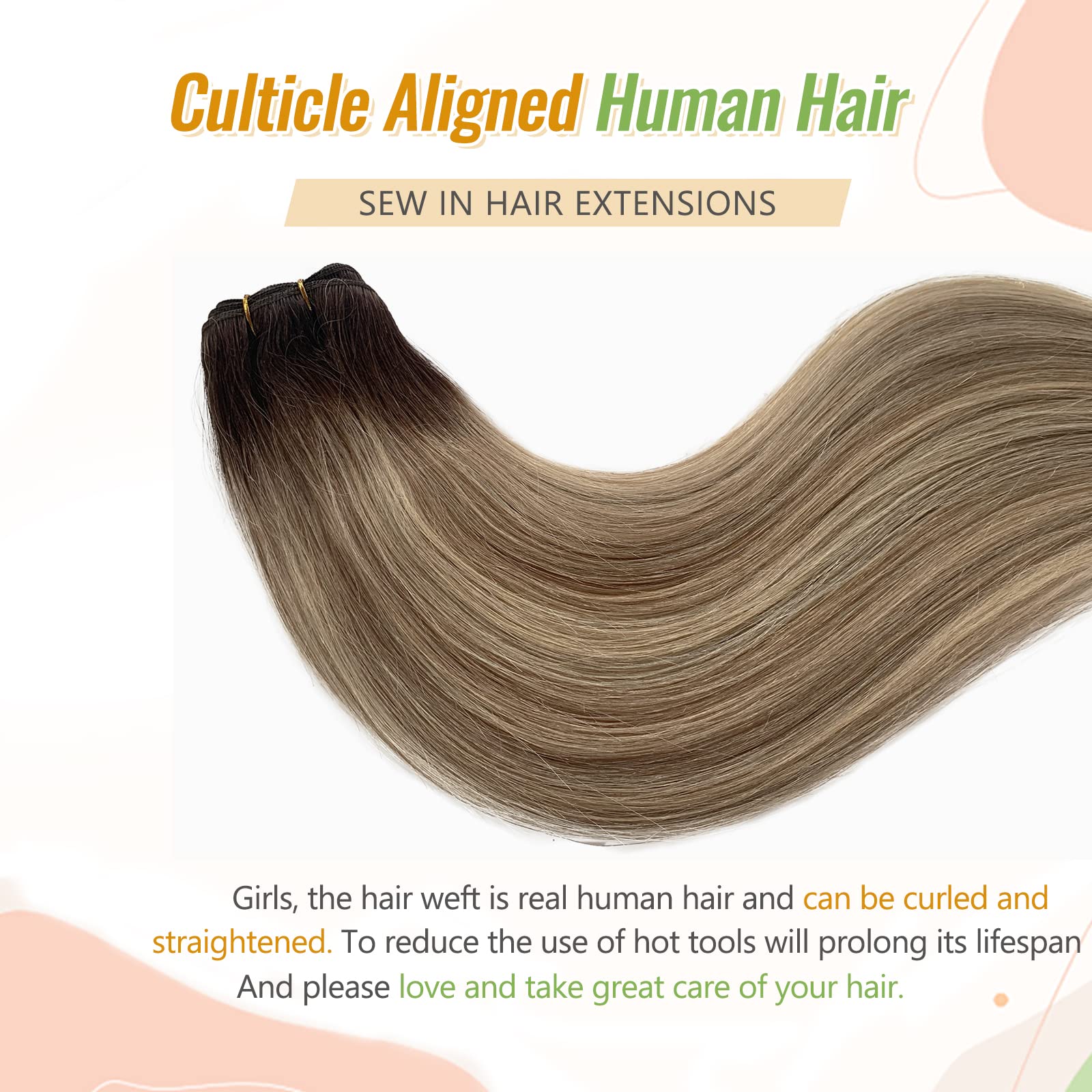 22 Inch Ombre Highlight Human Hair Extensions - 120g Double Weft Sew-in Weave Bundles (Ash Brown to Light Blonde Balayage) for Natural Volume & Styling | Perfect for Parties, Weddings & Daily Wear
