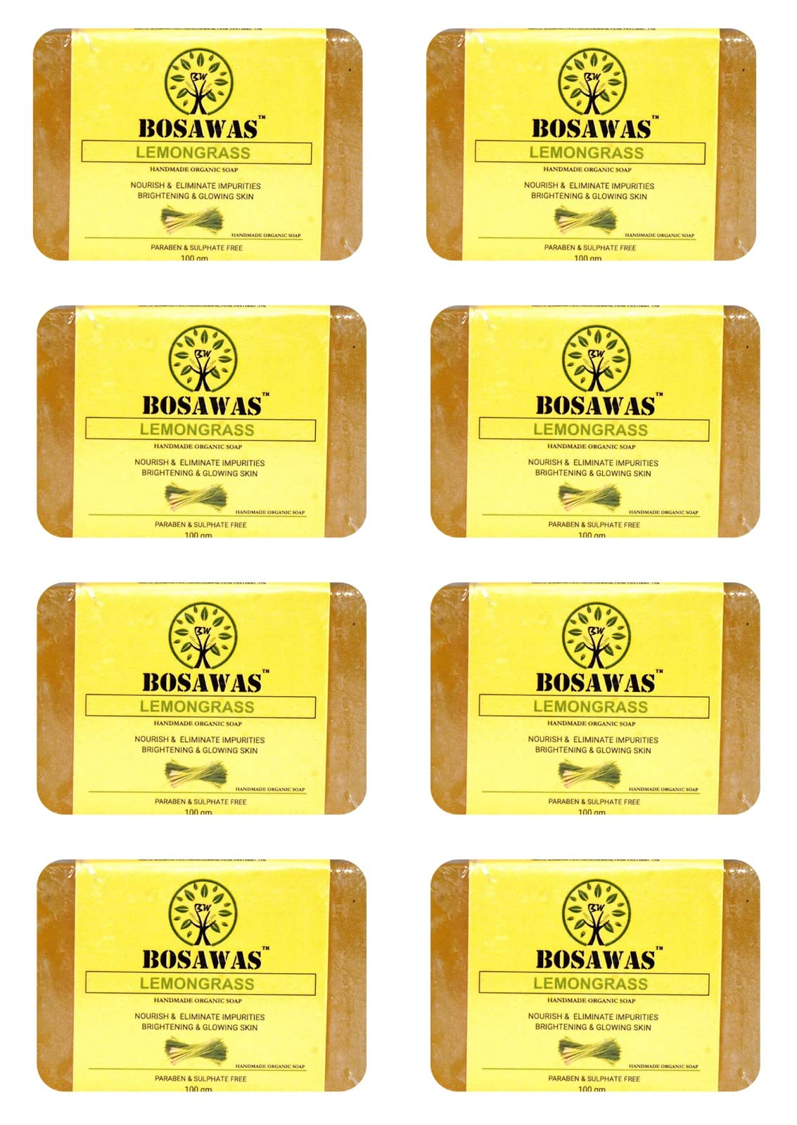 Organic Lemongrass Soap Bar - Handmade Natural Soap for Brightening & Glowing Skin - Deep Cleansing & Nourishing - Pack of 8 (100g Each) - Perfect for Daily Skincare & Gift Giving