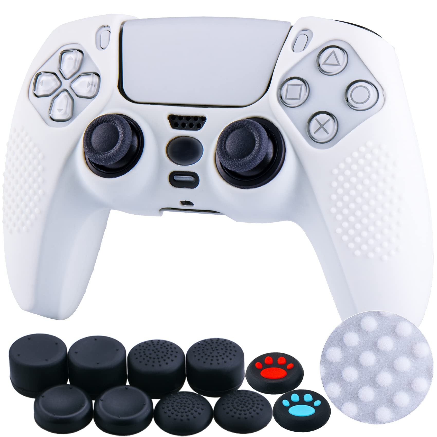 YoRHa Studded Silicone Cover Case for PS5 Controller - White with 8 Pro Thumb Grips | Enhanced Grip & Protection for Gaming, Streaming & Competitive Play