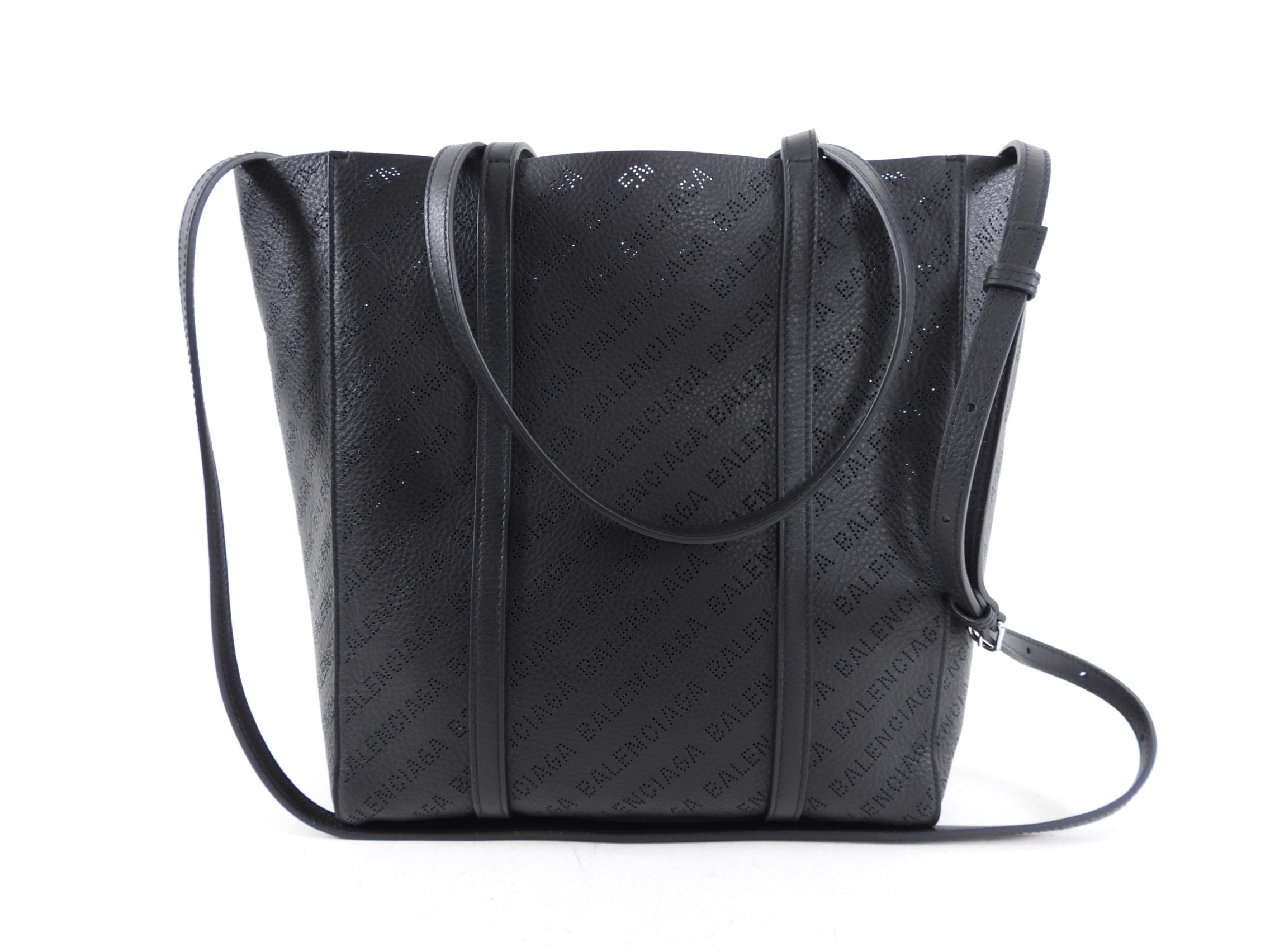 Balenciaga Black Smooth Leather Perforated Everyday XS Tote Bag for Women - Stylish Designer Handbag for Work, Travel & Casual Outings