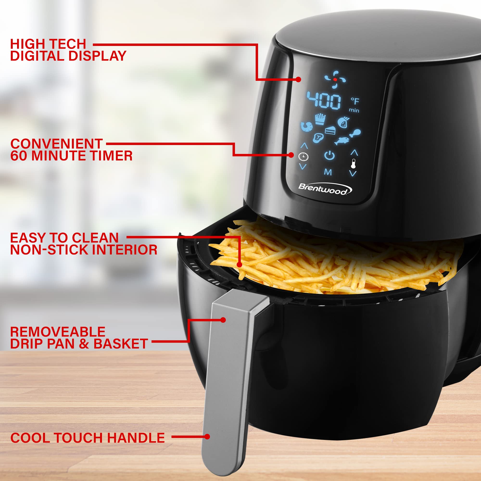 Brentwood AF-500DBK 6.5QT Air Fryer with Digital Touchscreen - Healthy Oil-Free Cooking for Family Meals, Snacks & Party Foods - Black (Standard Size)