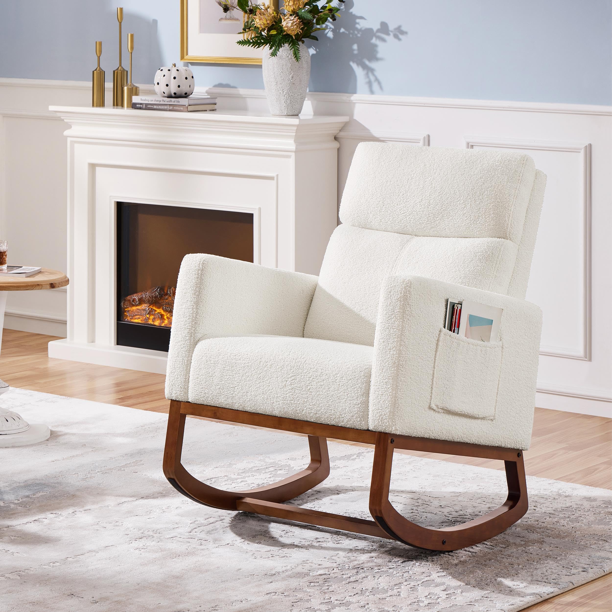 Yaheetech Upholstered Rocking Chair - Boucle Glider Nursery Chair with High Back & Side Pocket, Accent Armchair with Rubber Wood Legs for Living Room, Bedroom, Nursery - Perfect for Nursing, Reading & Relaxing (Ivory)