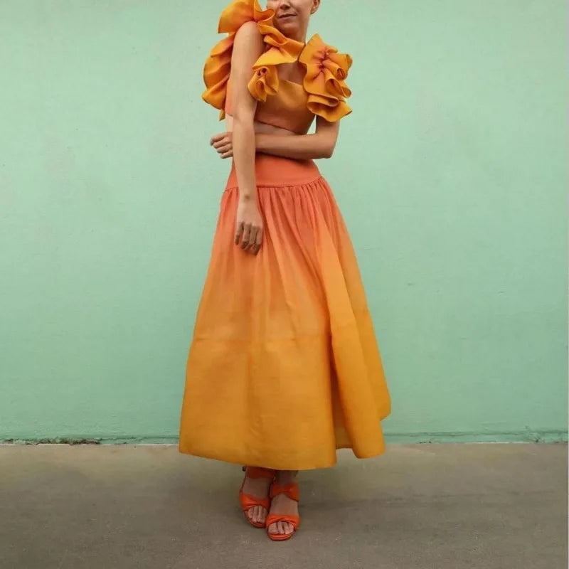 Trendy Y2K Women's Two Piece Set - Sexy Ruffle Crop Top & High Waist Colorful Long Skirt Outfit | Boho Vacation Clothes for Beach, Party & Summer Fashion
