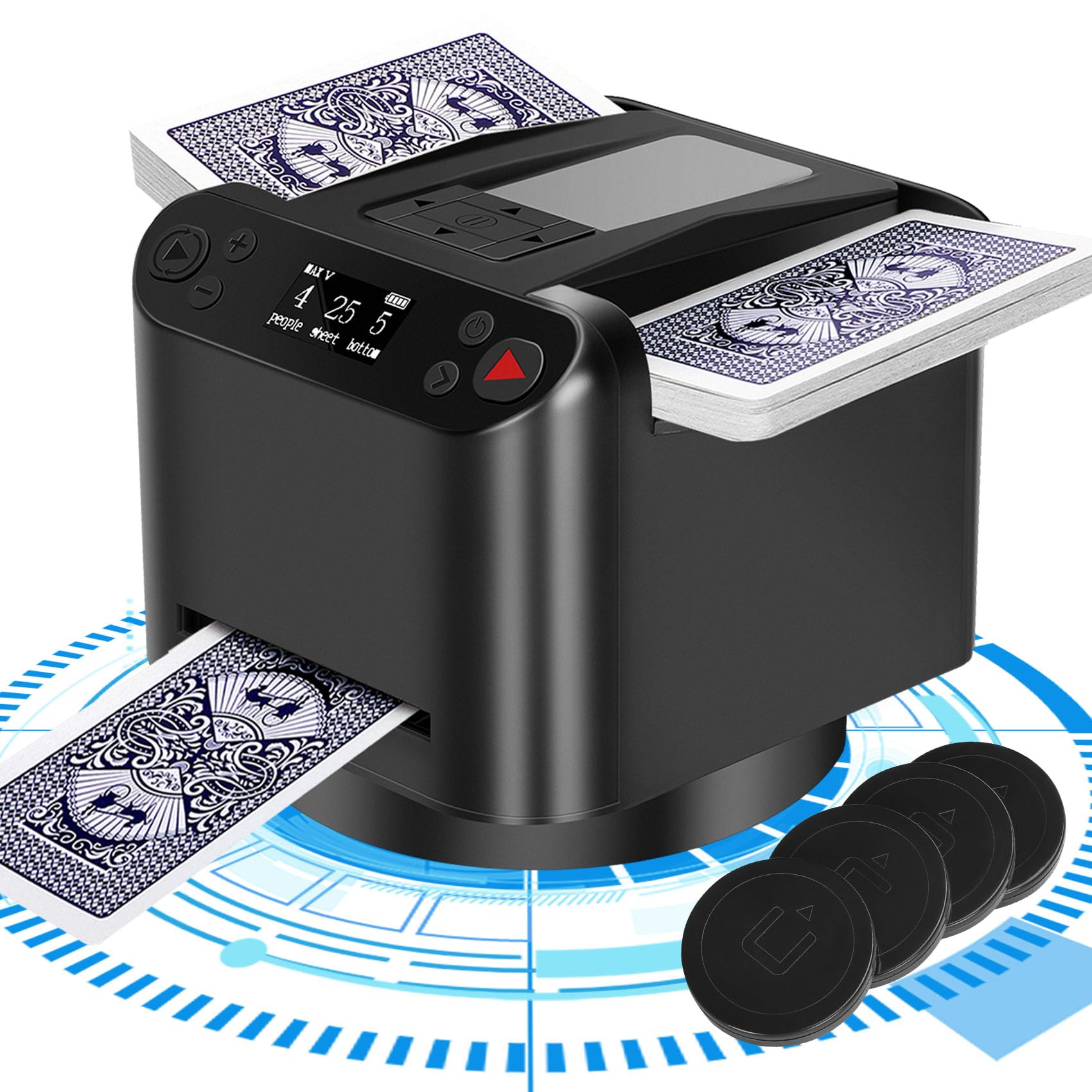 Automatic Card Shuffler and Dealer with 180°/360° Rotation - 4 Wireless Remotes, Adjustable Card Dispensing Distance - One-Touch Settings for Whipped Eggs/Landlord Games - Compatible with All Card Sizes (1-12 Players) - Perfect for Poker Nights, Family Gatherings, and Casino-Themed Parties